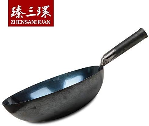 臻三环 ZhenSanHuan Chinese Hand Hammered Iron Woks and Stir Fry Pans, Non-stick, No Coating, Carbon Steel Pow (36CM, Blue Black - Seasoned)