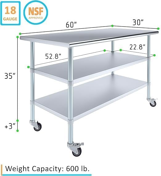 Stainless Steel Work Table with 2 Shelves and Casters | Metal Utility Table On Wheels (60" Long x 30" Deep)