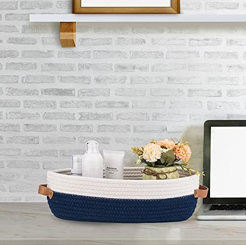 Toilet Basket,Woven Storage Basket for Toilet Tank Top Farmhouse Home Decor Organizing Baskets 13"x5.9"x4" Navy Stitching White