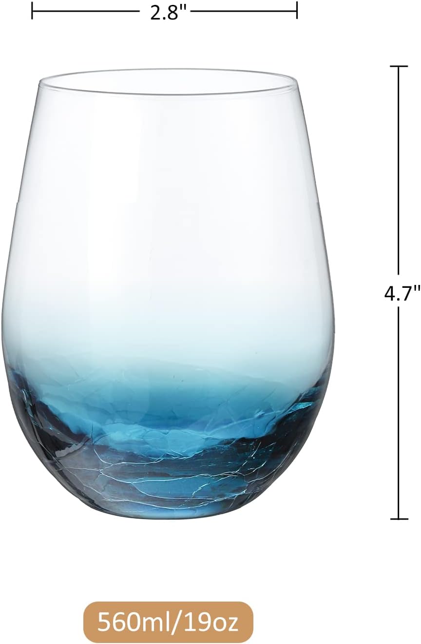 Joeyan Handmade Blue Stemless Crackle Wine Glasses Cups,Large Crystal Red Wine Tumblers,Aesthetics Glassware Collection, Home Gift,Set of 2,19 oz