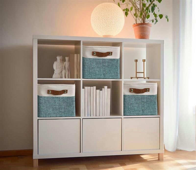 DECOMOMO Storage Baskets for Shelves - Fabric Storage Bins, Linen Closet Organizers and Storage (Green & White, Large - 3 Pack)