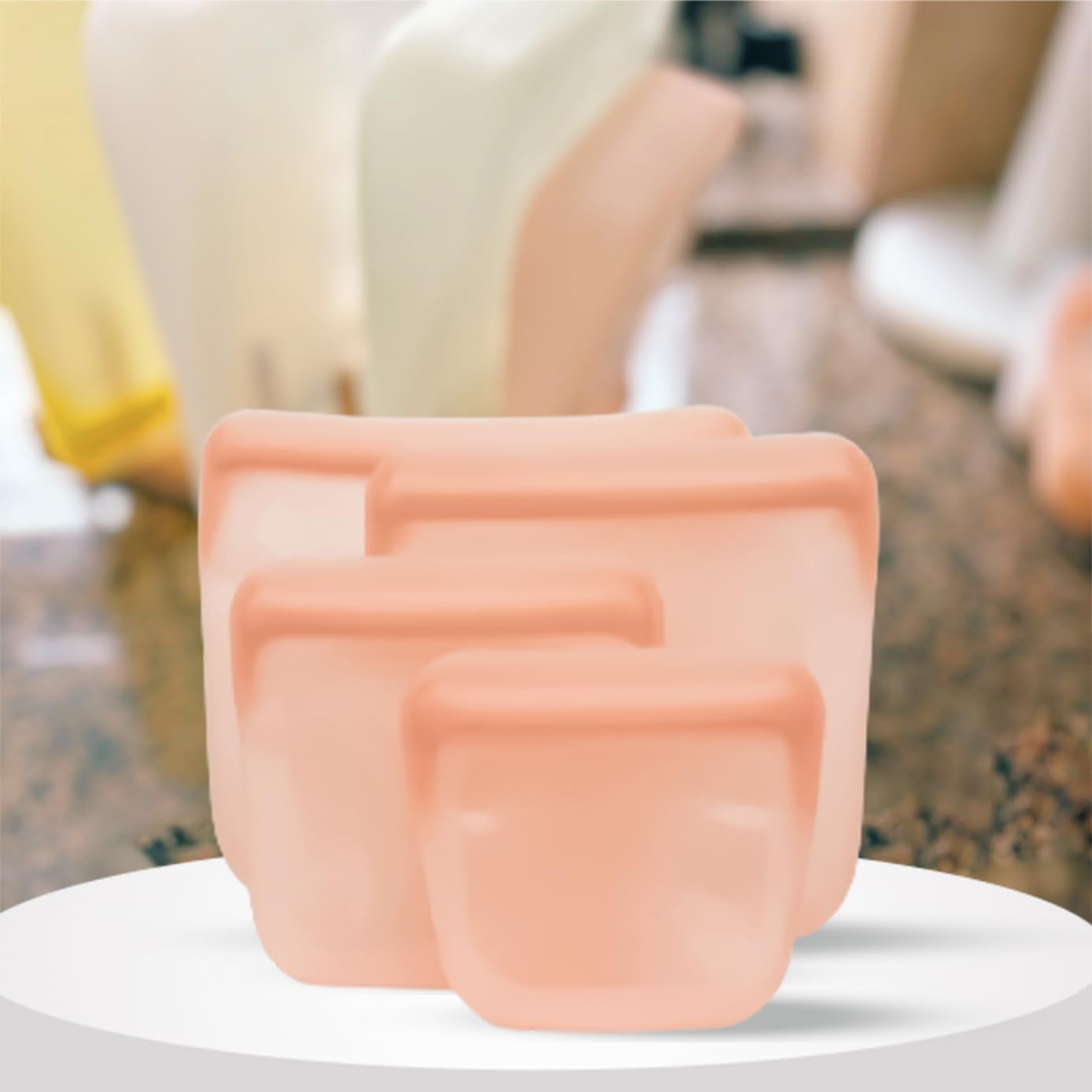 purifyou Set of 4 Reusable Silicone Storage Snack Bags 6oz / 16oz / 32oz / 64oz Self-Seal Food Storage Container for Fruits, Vegetables, Sandwiches, Dishwasher Safe & Leak-free (CloudPink)