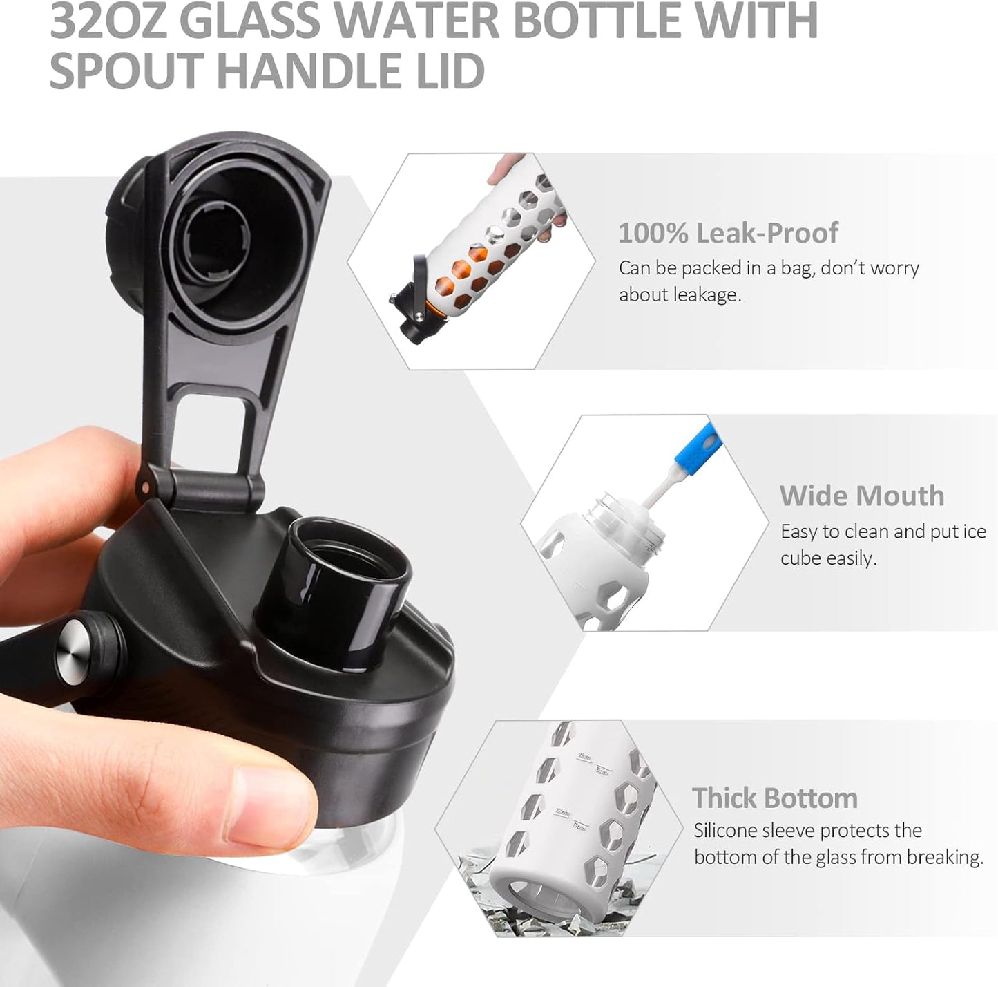 MUKOKO 24oz Glass Water Bottle with 2 Lids-Handle Flip Lid&Bamboo Straw Lid,Motivational Water Tumbler with Time Marker Reminder and Silicone Sleeve, Leakproof-White