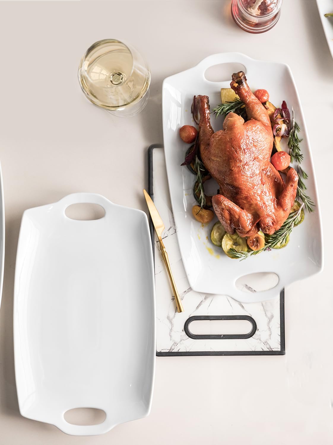 Turkey Serving Platter for Entertainment, Serving Tray with Handles Large, Party, Display, LYEOBOH 16 inch Rectangle Porcelain Platters Set of 2, White