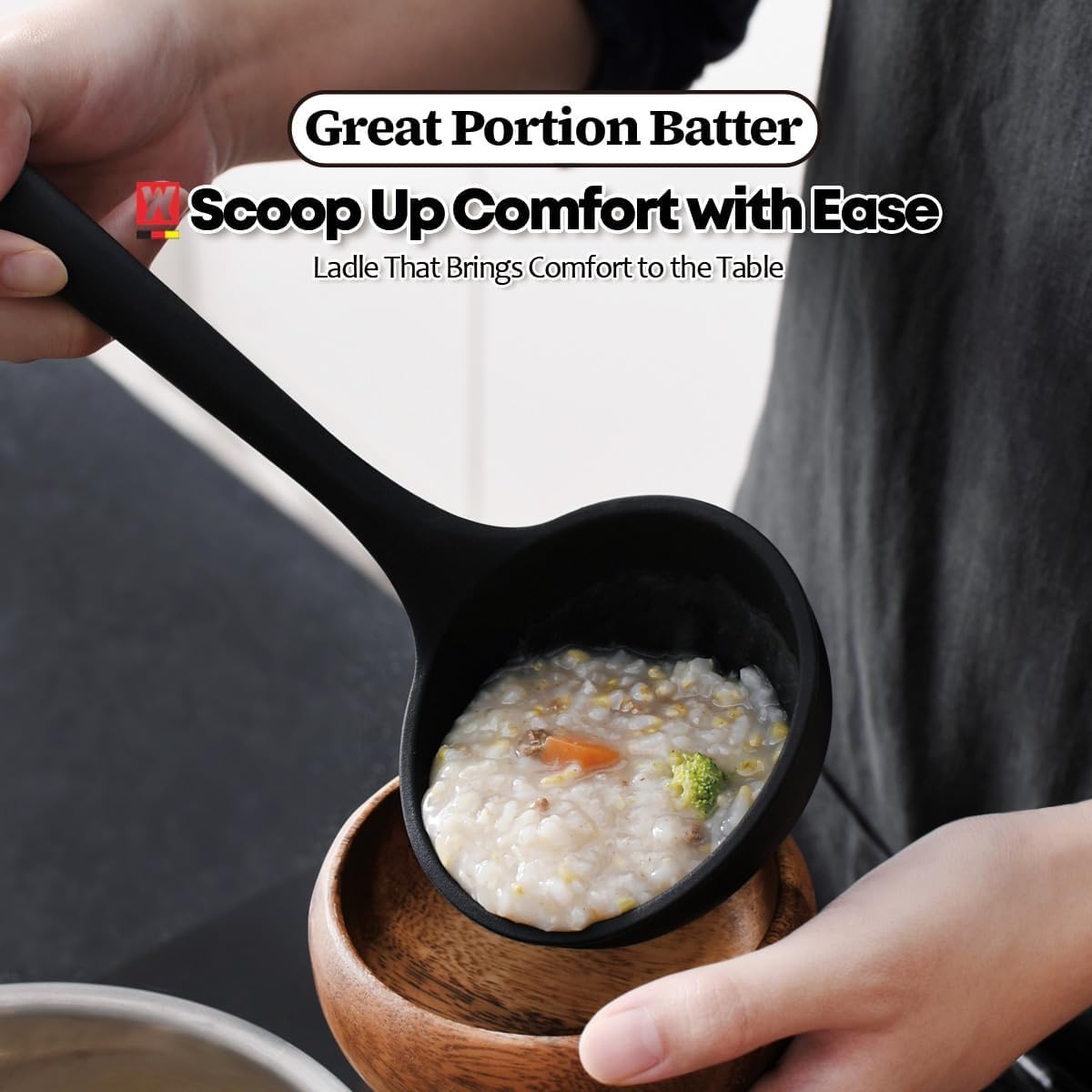 Set of 2pc Silicone Cooking Utensils: Wooden Handle Slotted Spatula + Cooking Ladle, Heat Resistant Cooking Utensil, BPA Free, Protects Surfaces with Gentle Head Design