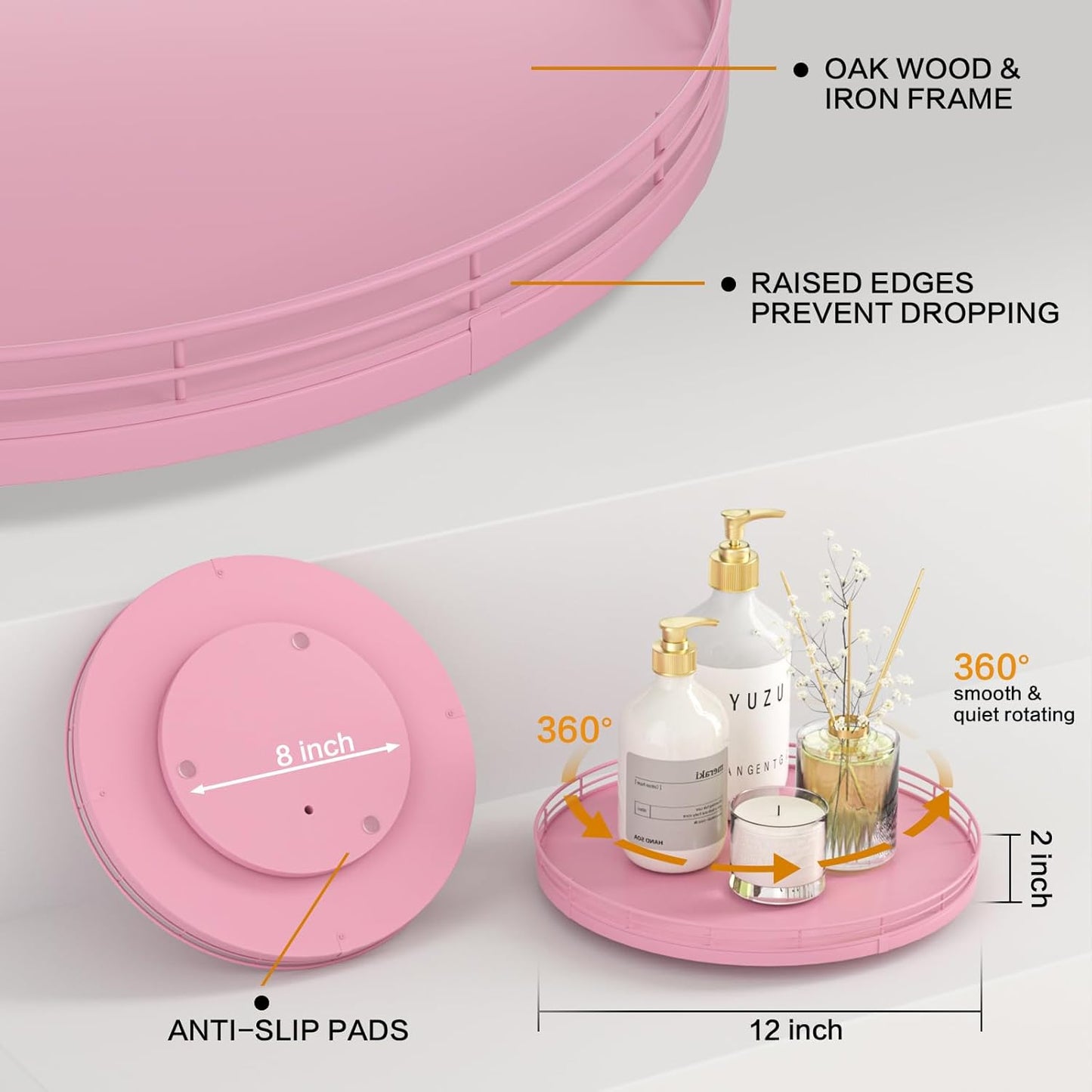 12" Oak Wood Bathroom Tray for Counter, Vanity Tray for Perfume Lotion Candle Makeup Jewelry Sink Soap Holder Turntable Dresser Organizer Countertop Coffee Table Decor Organization and Storage Pink