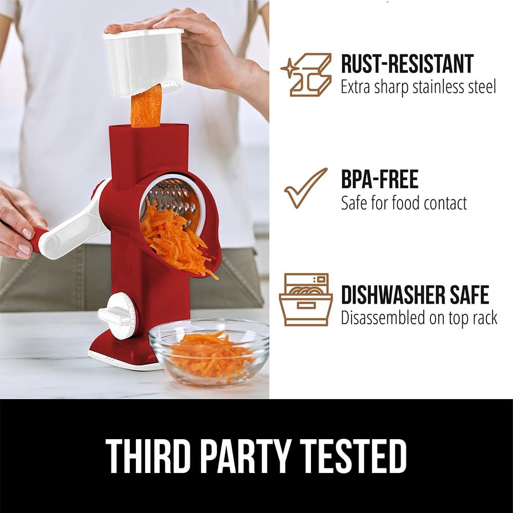 GORILLA GRIP BPA-Free Rotary Cheese Grater Hand Crank, Easy to Set Up, Strong Suction Base for Kitchen Countertop, Shred Potato, Vegetable, Nuts in Seconds, Round Mandoline Slicer, 3 Blades, Red