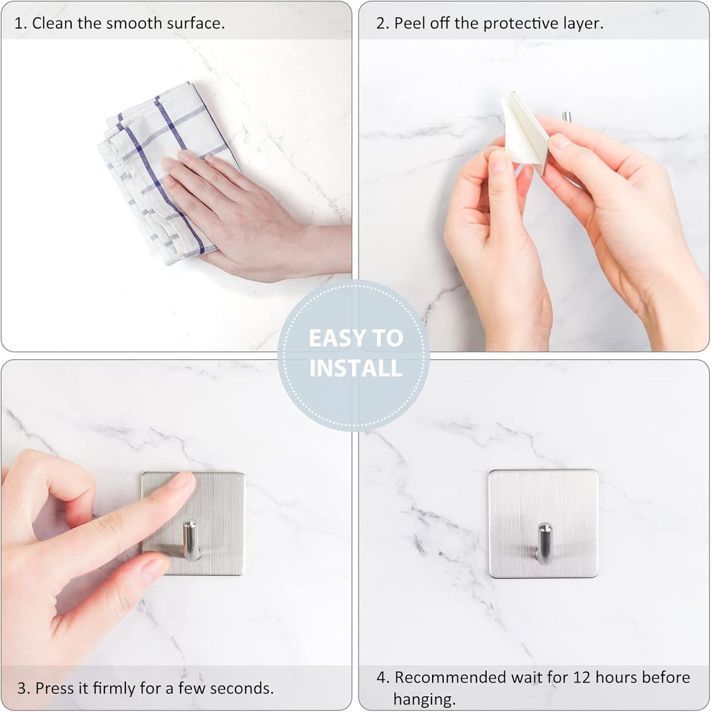 VIS'V Adhesive Hooks, Heavy Duty Shower Wall Stick on Hooks, Waterproof, 2 Extra Adhesive Strips, Silver, 4 Pcs
