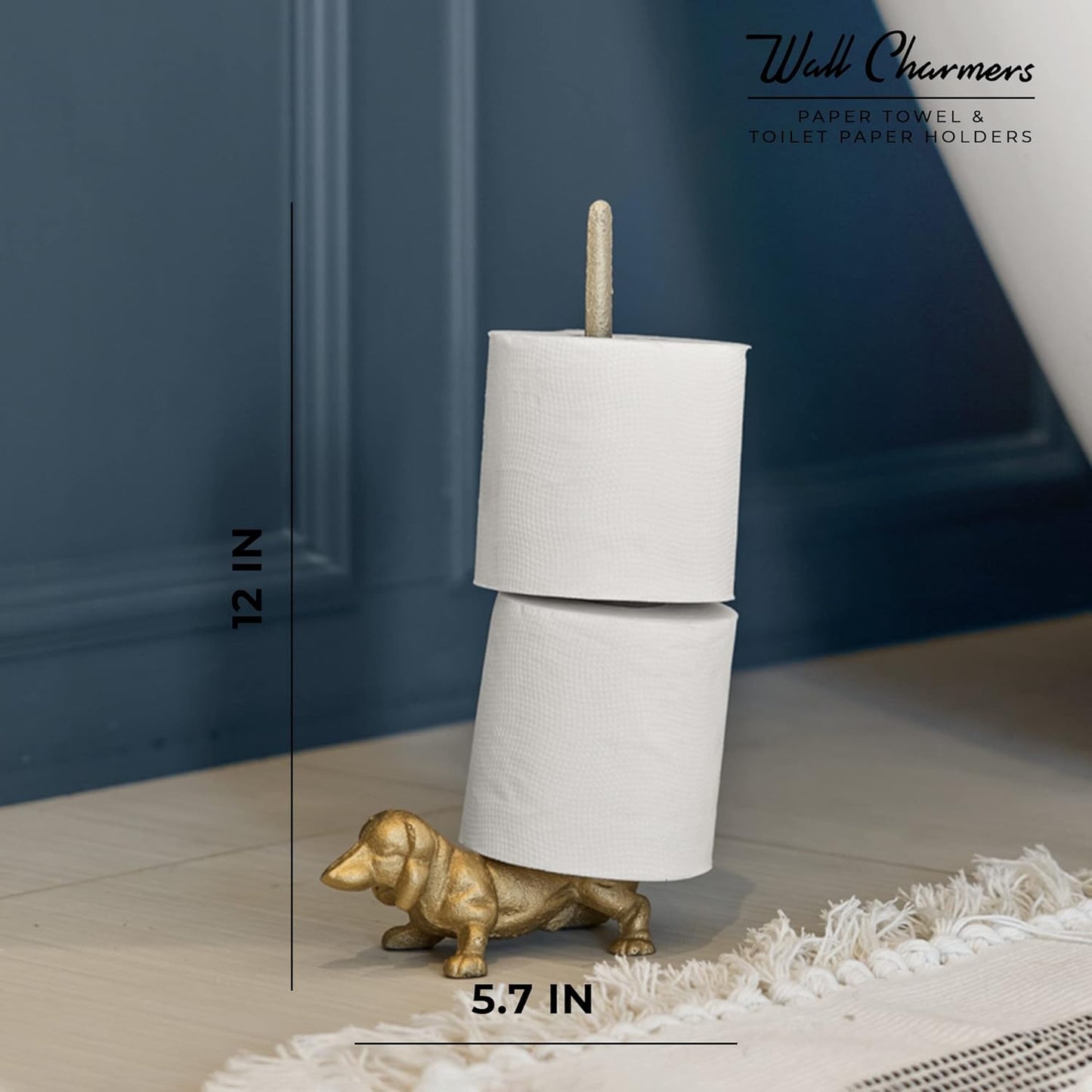 WallCharmers Gold Paper Towel Holder, Metal Toilet or Kitchen Paper Holder for Floor or Countertop, Gold Dog