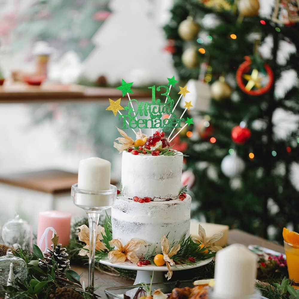 Glittery 13 Ofiicial Teenager Cake Topper with Star,13th Happy Birthday Cake Topper Party Decorations Party Supplies for Boys Girls Green Gold