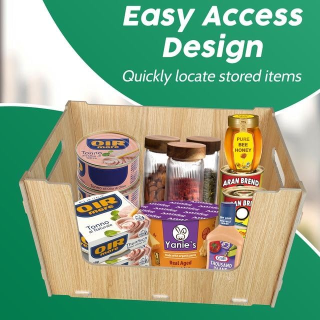 Skywin TidyFriend Stackable Storage Bins for Pantry, 4 Pack Stackable Bins For Organizing Food, Kitchen, and Bathroom Essentials (Wood)