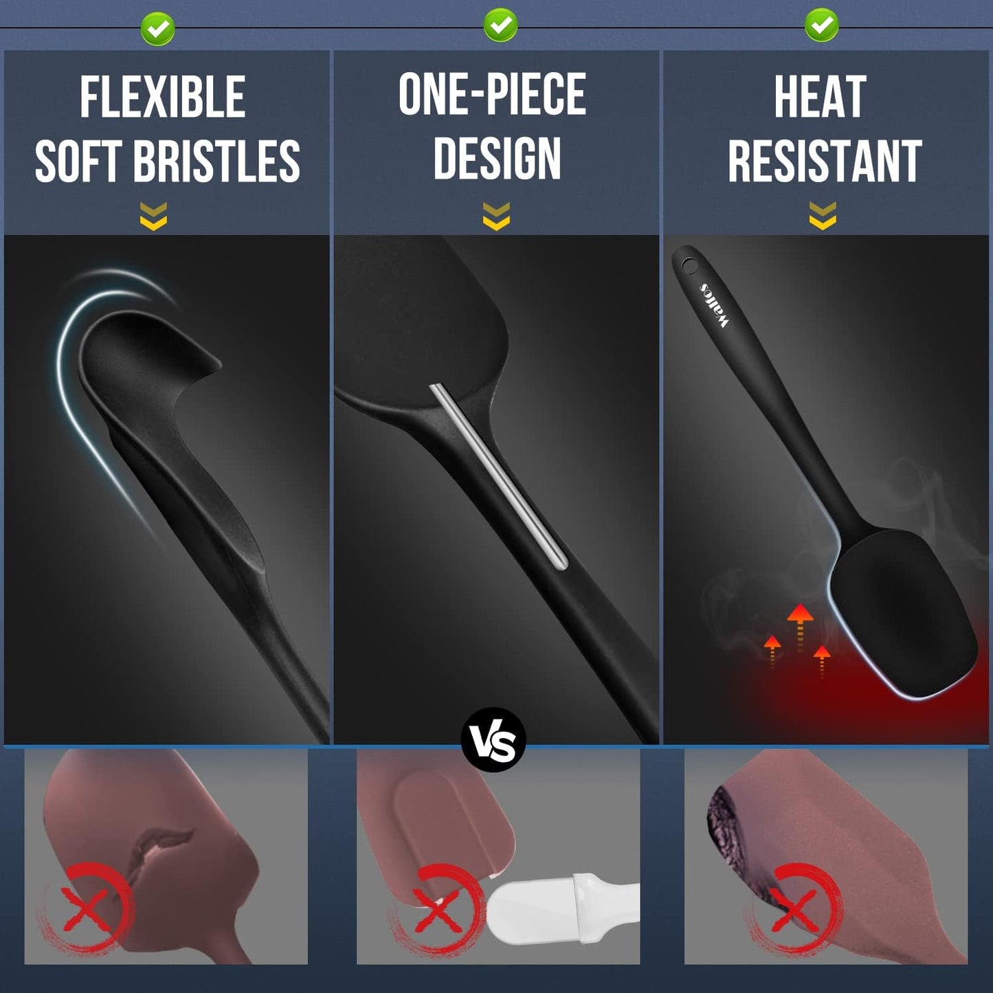 Walfos Silicone Spatula Set of 8(600°F)- Heat Resistant Kitchen Silicone Scraper Spatulas & Mini Spatulas, One-Piece Seamless Design, Perfect for Cooking Mixing & for Non-stick Cookware,black