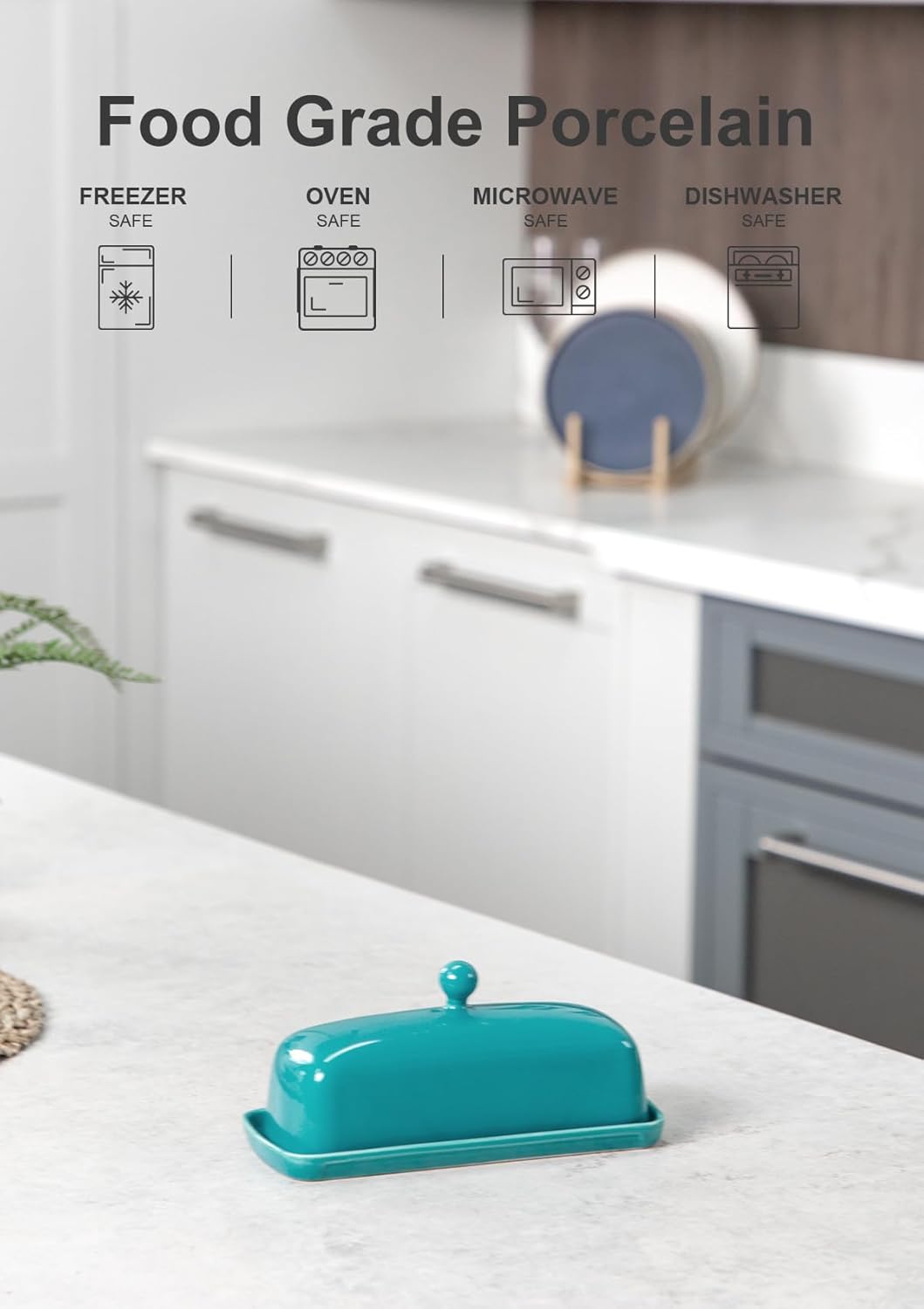 Nucookery Ceramic Butter Dish with Lid for Countertop, Butter Holder with Raised Non-Slip Strip, Keeper and Container for 1 Stick, Easy to Clean & Dishwasher Safe, Royal Blue