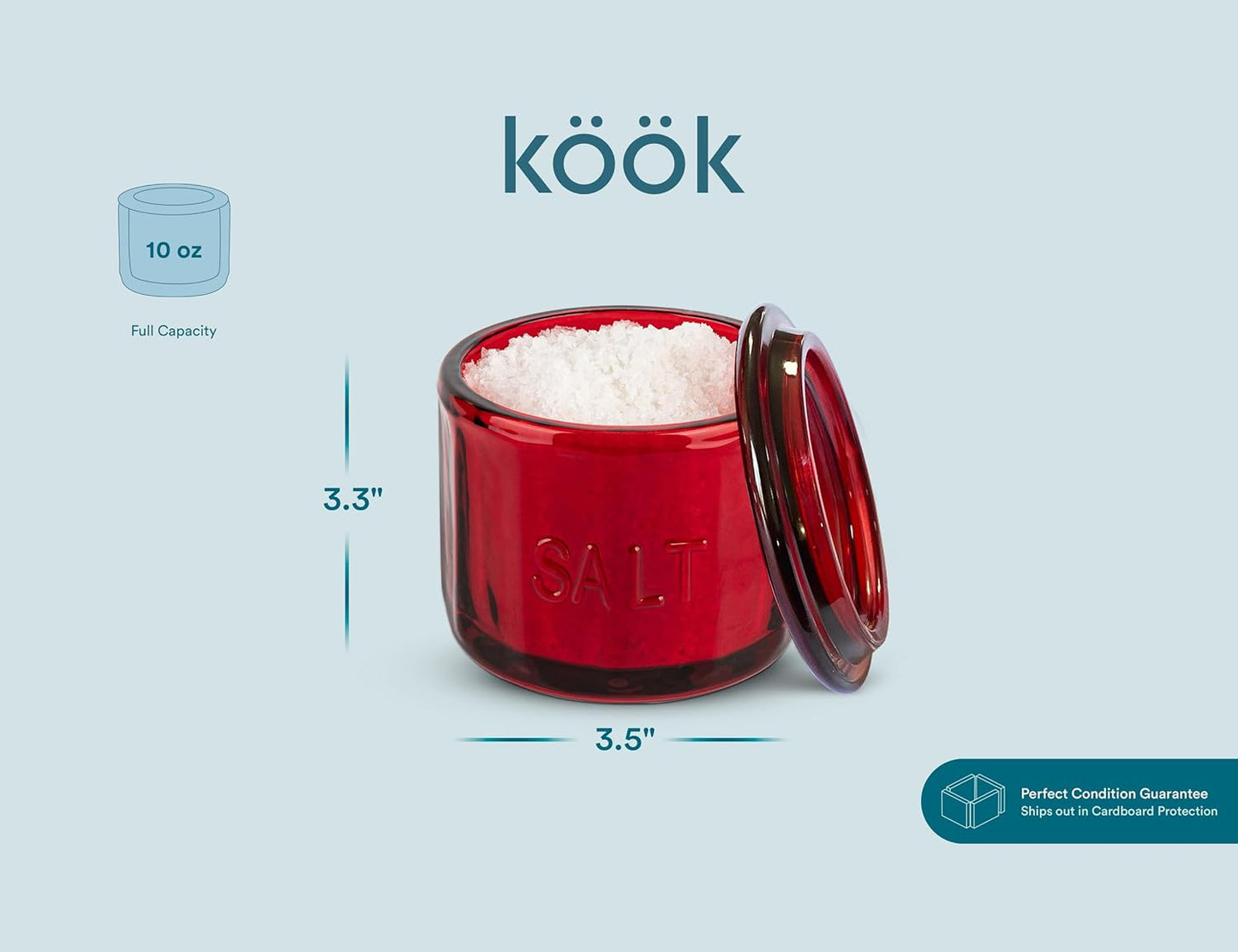 KooK Glass Salt Cellar, with Lid, Embossed Pressed Glass, Clear Storage Container, for Coffee, Sugar, Spices and Candies, 10 oz (Ruby Red)