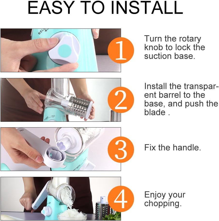 Ourokhome Rotary Cheese Grater Hand Crank, Kitchen Shredder Speed Mandolin Slicer Nut Grinder with Handle and Drum Blades for Cheese, Vegetable, Walnut, Chocolate, Potato, Carrot, 3 Blades, Blue