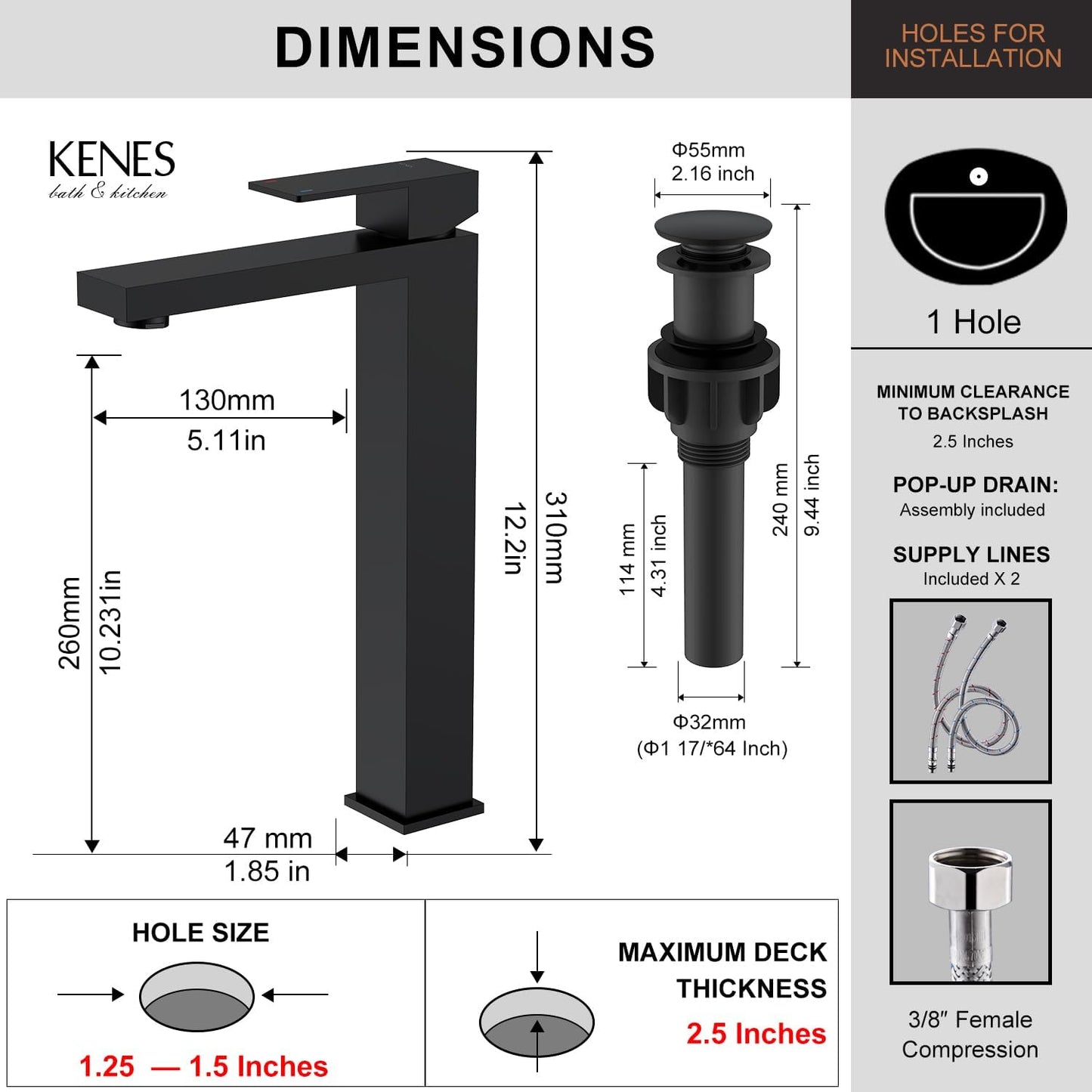 KENES Matte Black Bathroom Faucet Single Handle Tall Vessel Sink Faucet Vanity Bathroom Faucet Basin Mixer Tap with Water Supply Hose and Pop Up Sink Drain, LJ-9031A-2