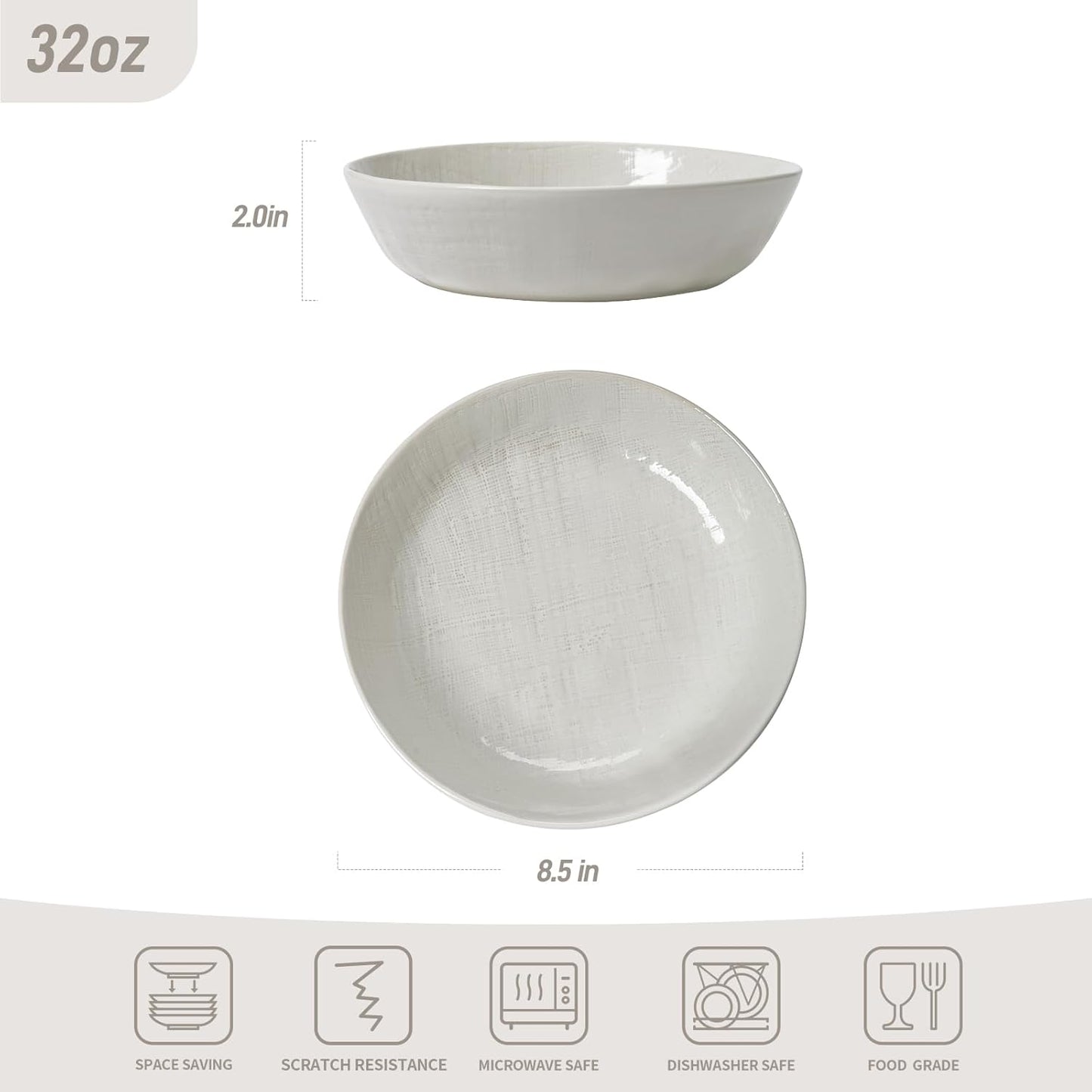 famiware Moonlight 8.5 Inch Pasta Bowls Set of 4, 32oz Serving Bowls for Kitchen, Soup Bowl with Linen Finish, Large Stoneware Bowls for Festivals, Housewarming, Dinnerware, White