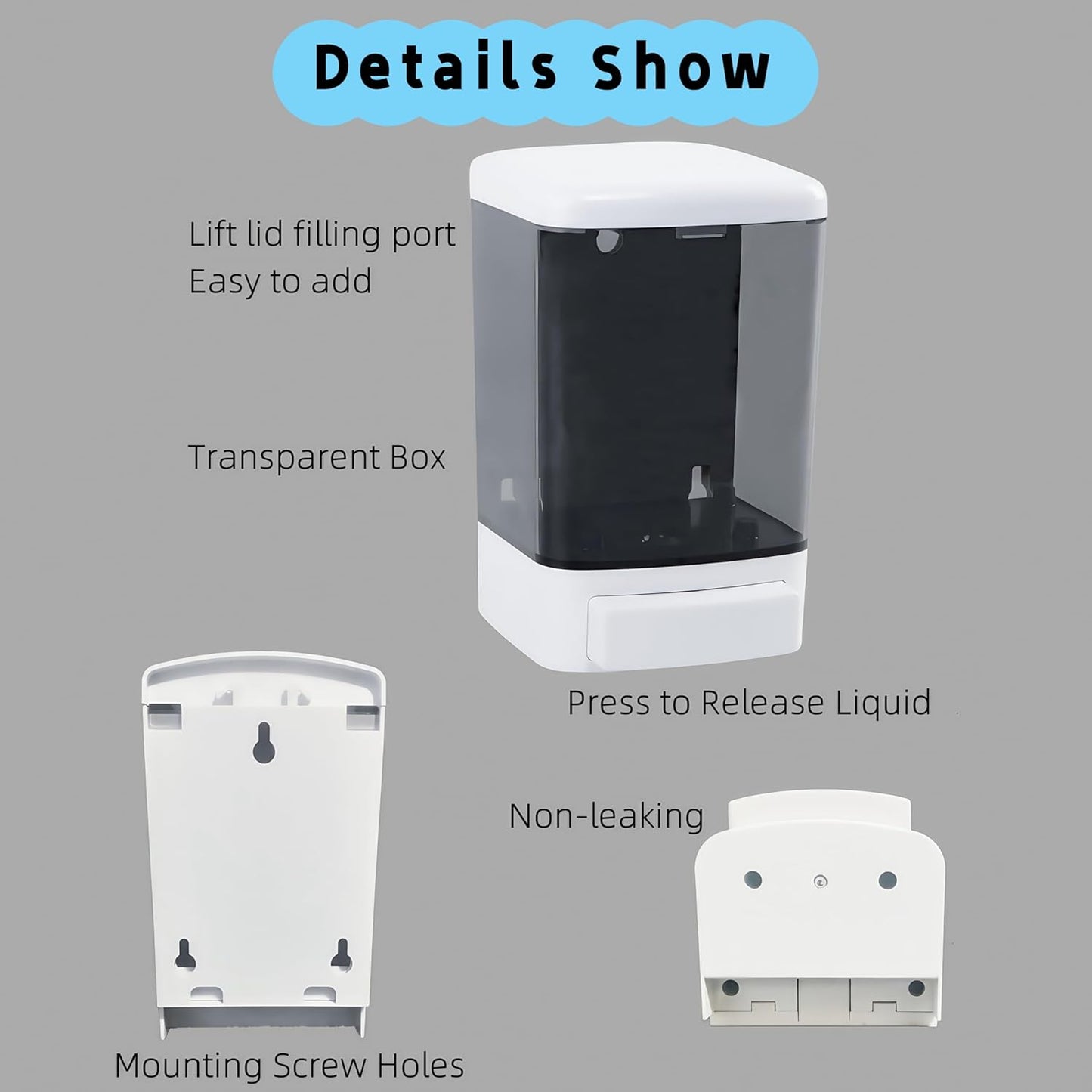 Manual Soap Dispenser Kitchen Bathroom Wall Mounted Hand Dispensers Commercial for Liquid Containers Shampoo Gel Chamber Plastic - (33.8 oz) 1000ml