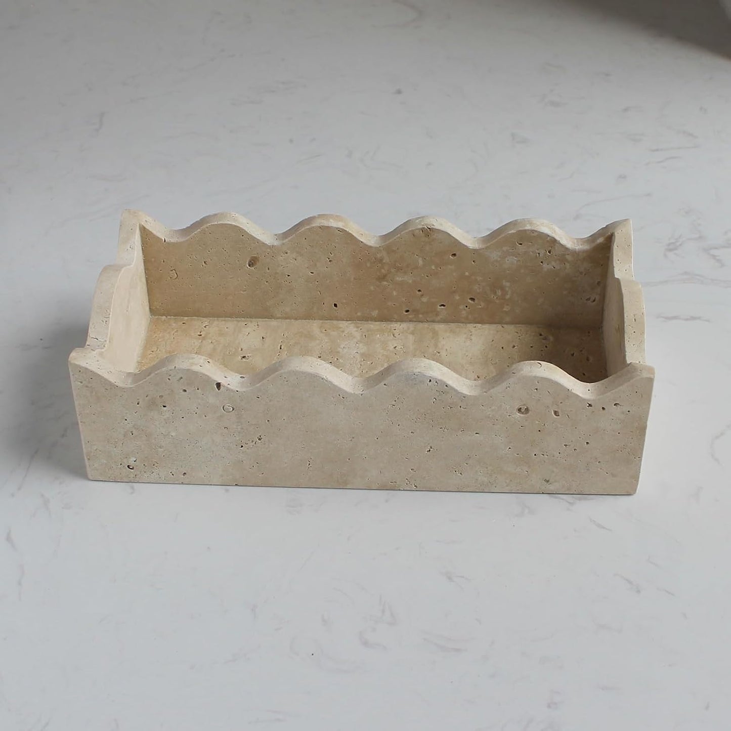 Natural Travertine Guest Towel Holder 9.8" × 4.9" for Bathroom, Rectangular Napkin Holder with Scalloped Edge, Tissue Hand Towel Tray for Dinner Table, Countertop Bathroom Vanity