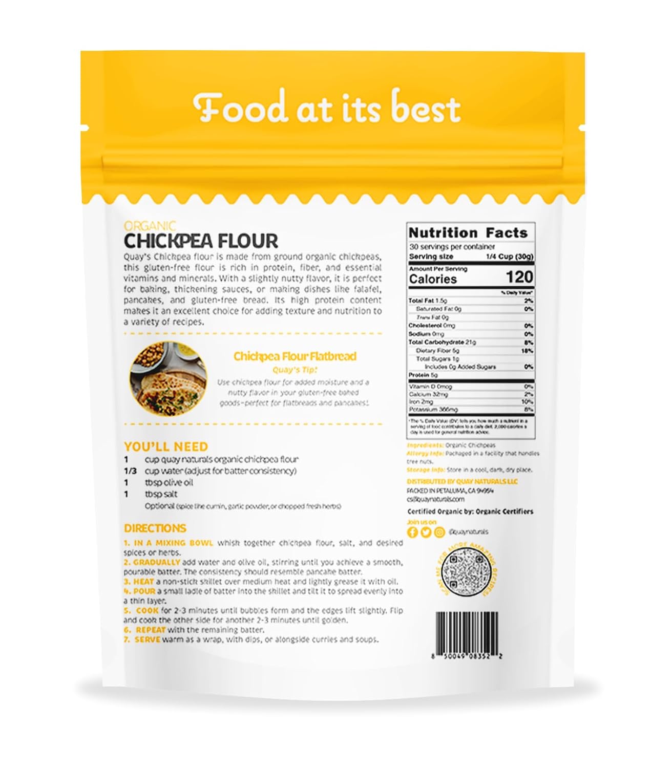 Quay Naturals Organic Chickpea Flour, Garbanzo Bean Flour, 1.5 lb, Non-GMO, Gluten-Free, Vegan. Ideal for Baking, Frying, Flatbreads & Grain-Free Cooking.