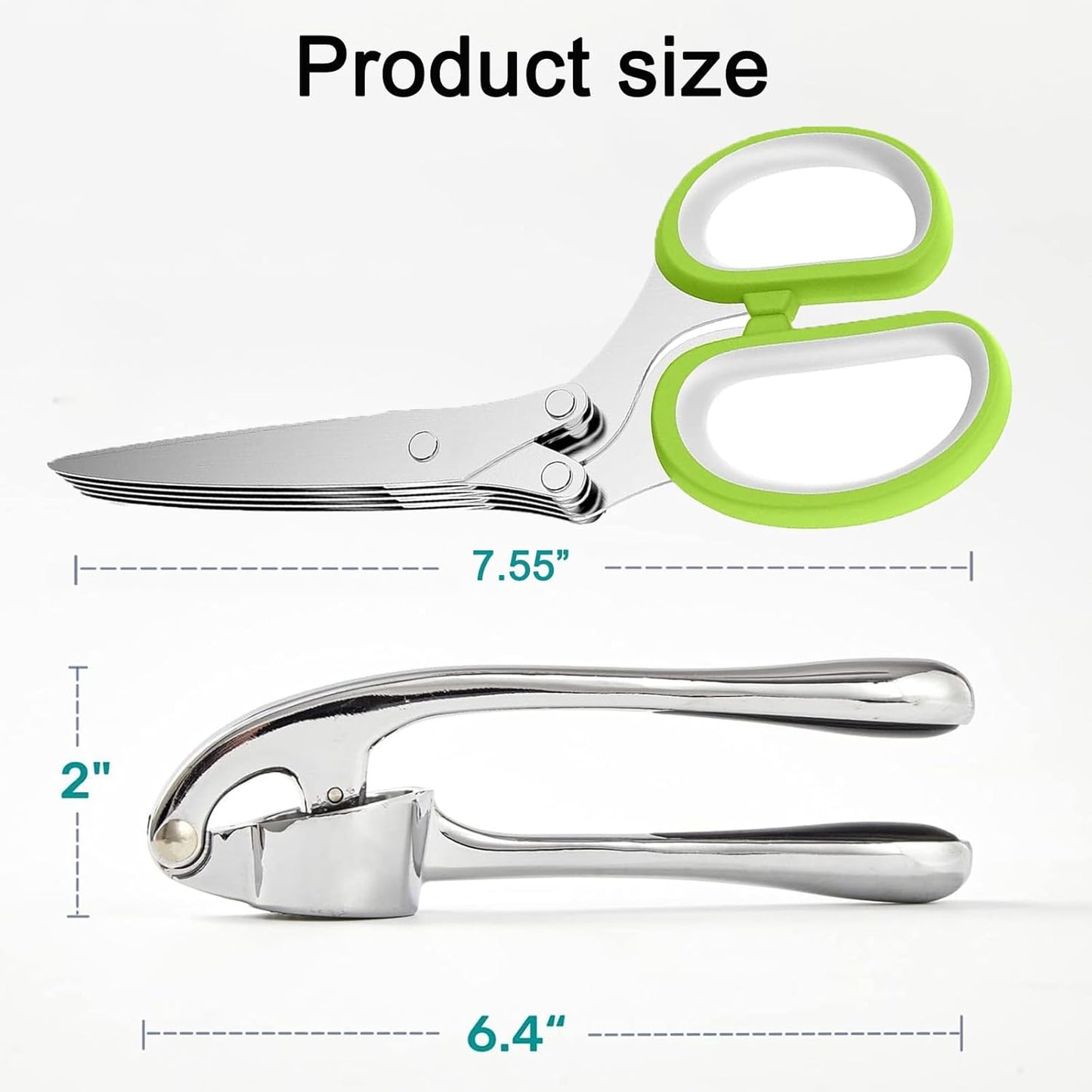 Garlic Press and Herb Scissors Set, 6 Pieces with Garlic mincer and Multipurpose Scissors, Rustproof Tools for Kitchen Use (Silver) (Silver+Green)