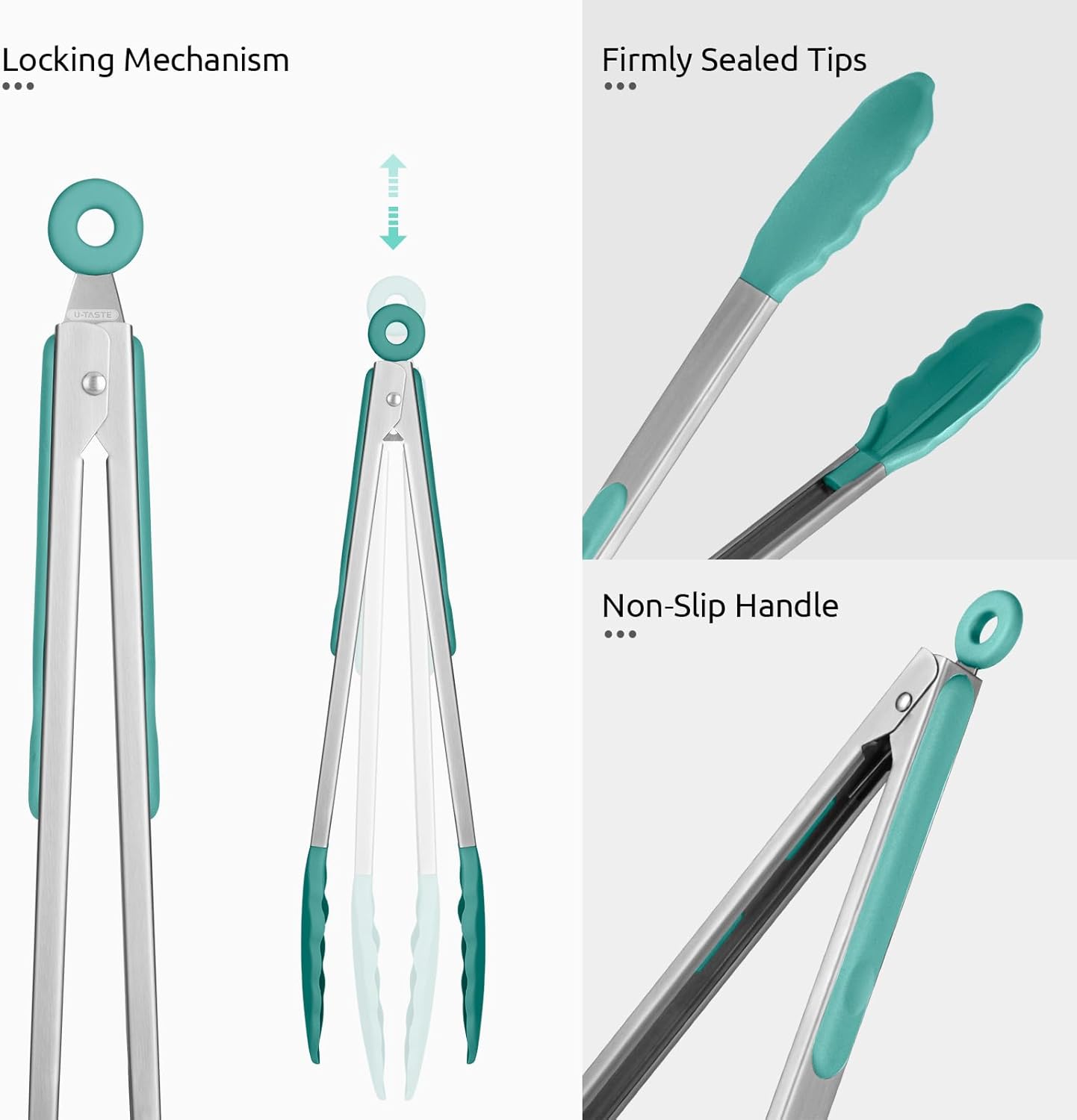 600ºF Heat Resistant Kitchen Tongs: U-Taste 9+12 inch Silicone Cooking Tong Set with Firm Sealed Non Stick Rubber Tips and Silicon Coated 18/8 Stainless Steel Handle for Serving Grilling (Aqua Sky)