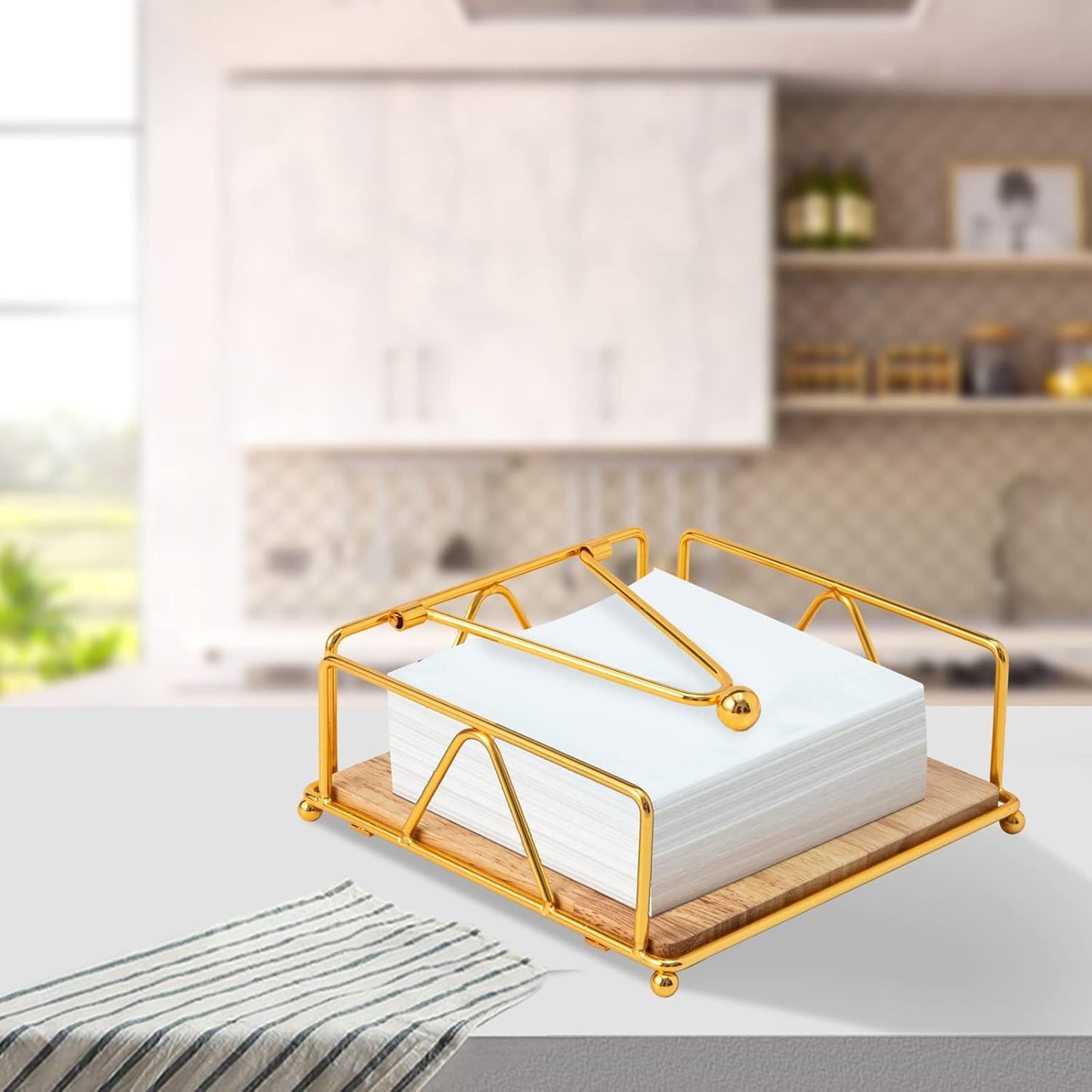 Square Napkin Holder - Durable Table Napkin Dispenser with Weighted Arm, Metal Napkin Storage with Wooden Base, Farmhouse Napkin Holder for Table, Kitchen and Countertops (Gold)