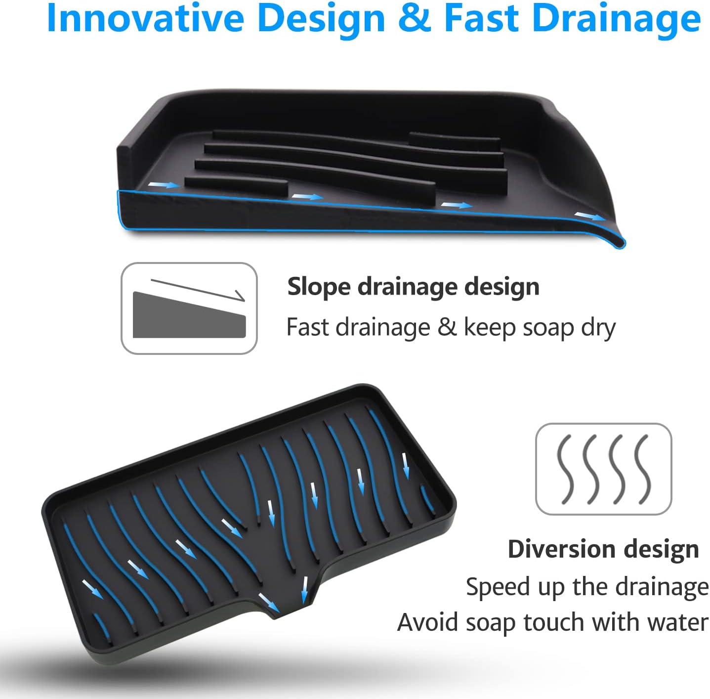 3-Pack Silicone Soap Dish, Sponge Holder for Sink, Kitchen Soap Tray, Bathroom Soap Holder, Sponge Tray with Drain (Black)