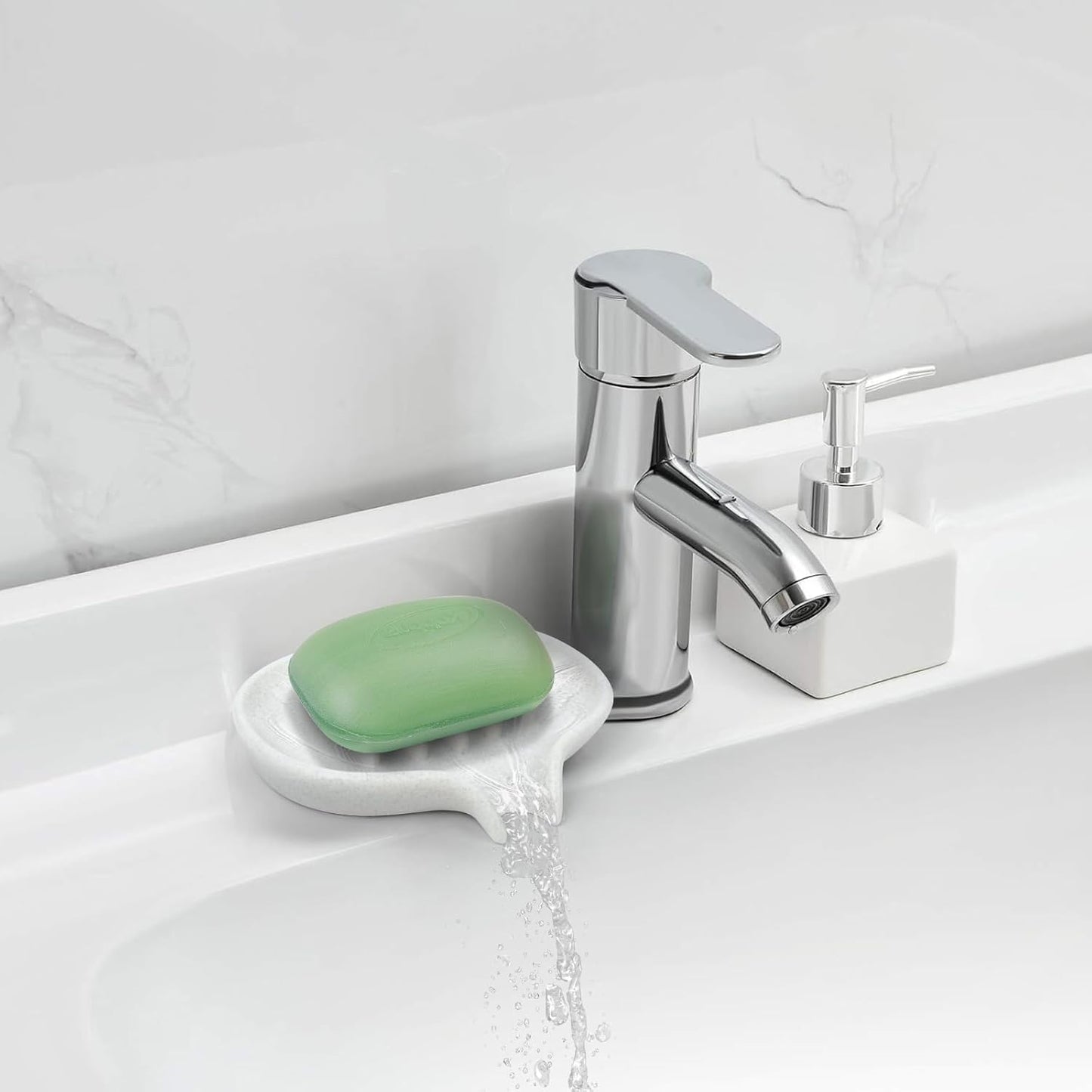 Soap Dish with Drain- Self Draining Bar Soap Holder for Shower, Marble Look Soap Savers Soap Tray Sponge Holder for Kitchen, Bathroom, Bathtub Sink, Crystal White