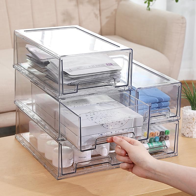SIMPEXPE Stackable Storage Drawer, Clear Pull Out Plastic Food Fridge Organizer Bins for Home Office Pantry Shelf Organization