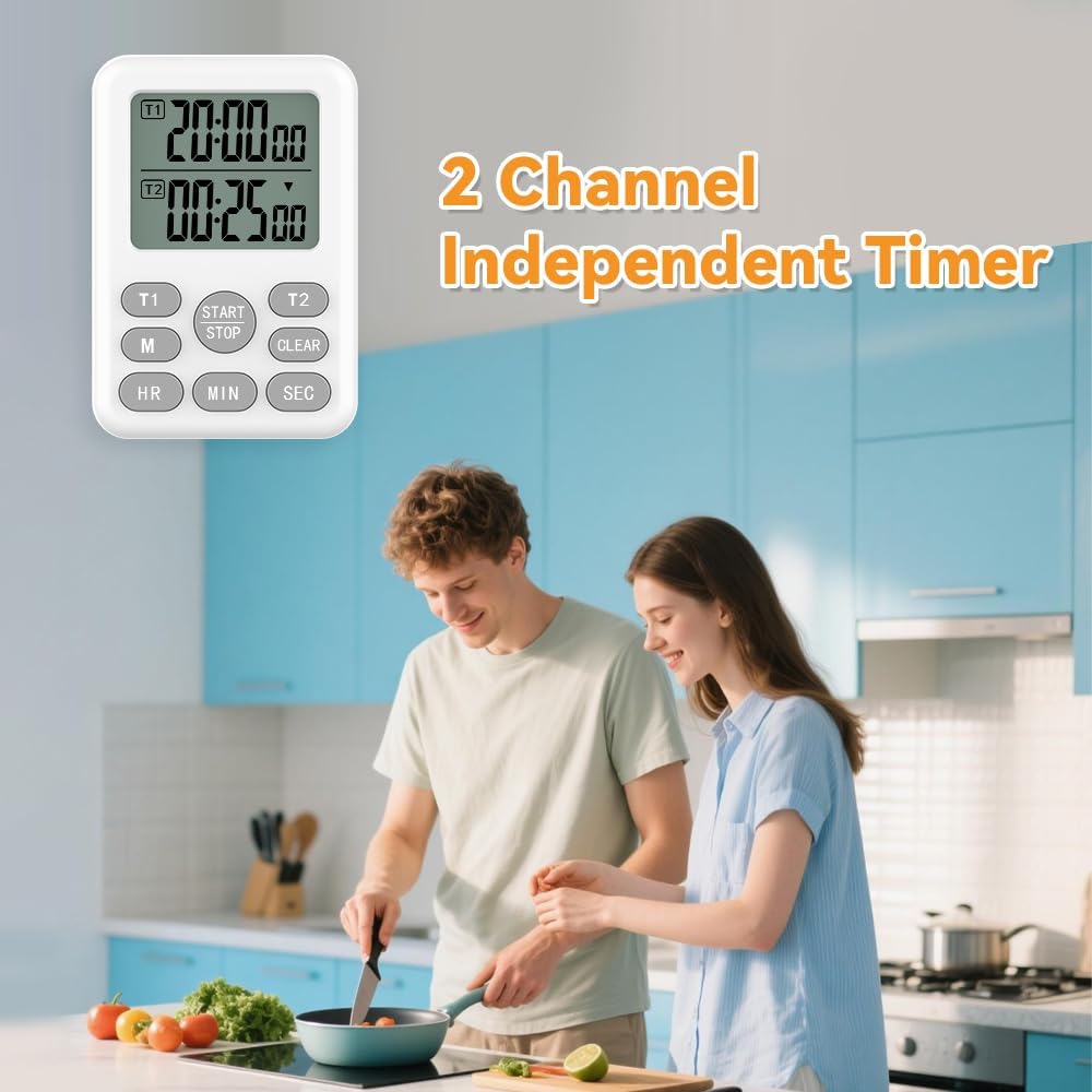 Dual Kitchen Timer Digital - 2 Channel for Cooking with Alarm, Large Display, Magnetic Back, Replaceable 3A Battery, Loud Food Timer, Modern White Design for Multi Timing Needs