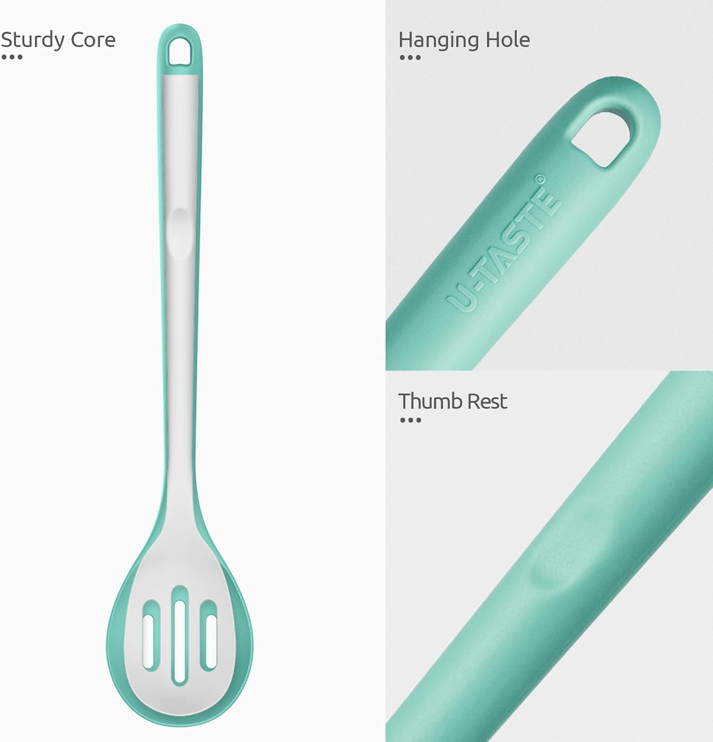 13.3" Slotted Cooking Spoon: U-Taste 600ºF Heat Resistant Kitchen Mixing Spoon, Food Grade Nonstick Long and Large Rubber Soup Utensil for Serving, Stirring, Basting, for Pot Cookware (Aqua Sky)