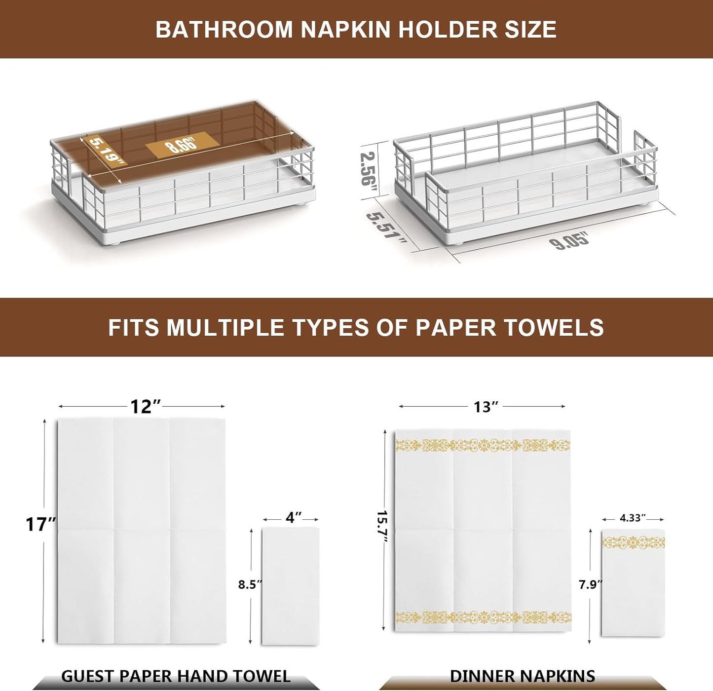 Wican Guest Towel Holder Tray for Bathroom, Oak and Iron Napkins Holder for Powder Room Dinning Table Wooden Basket for Disposable Paper Hand Towels Silvery and White