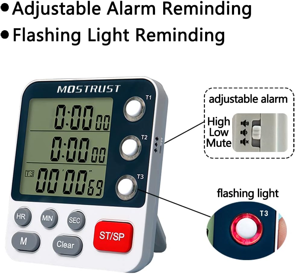 Digital Dual Kitchen Timer, 3 Channels Count Down/Up Triple Timer for Cooking, Magnetic Memory-Preset Large Display Adjustable Alarm Volume, Multi Times Management, 3A Battery Included, White