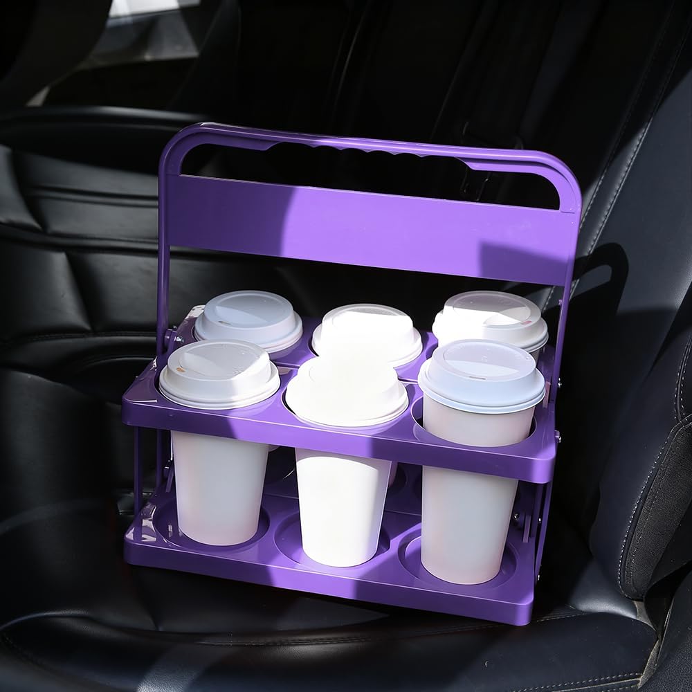 Bodaon 6 Cup Drink Carrier with Handle, Plastic Cup Holders for GrubHub/Doordash Delivery, Reusable Foldable Car Drink Caddy, Leakproof Food Delivery Accessories, 360° Secure Grip, Lavender