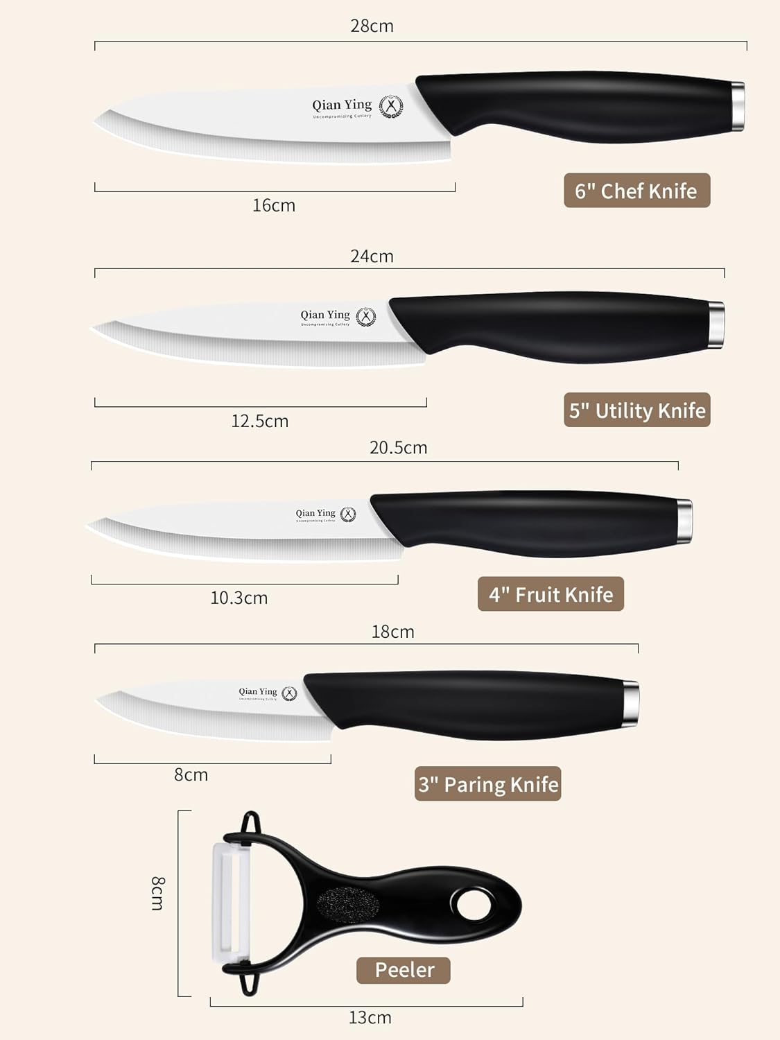 Ceramic Knife Set for Kitchen with Sheath: 100% Zirconia Pure Ceramic Sharp Blade Fruit Cutting Knives 9Pcs with Cover Rustproof Clean Cut Edge Black Handle, No Scratches on Titanium Cutting Boards