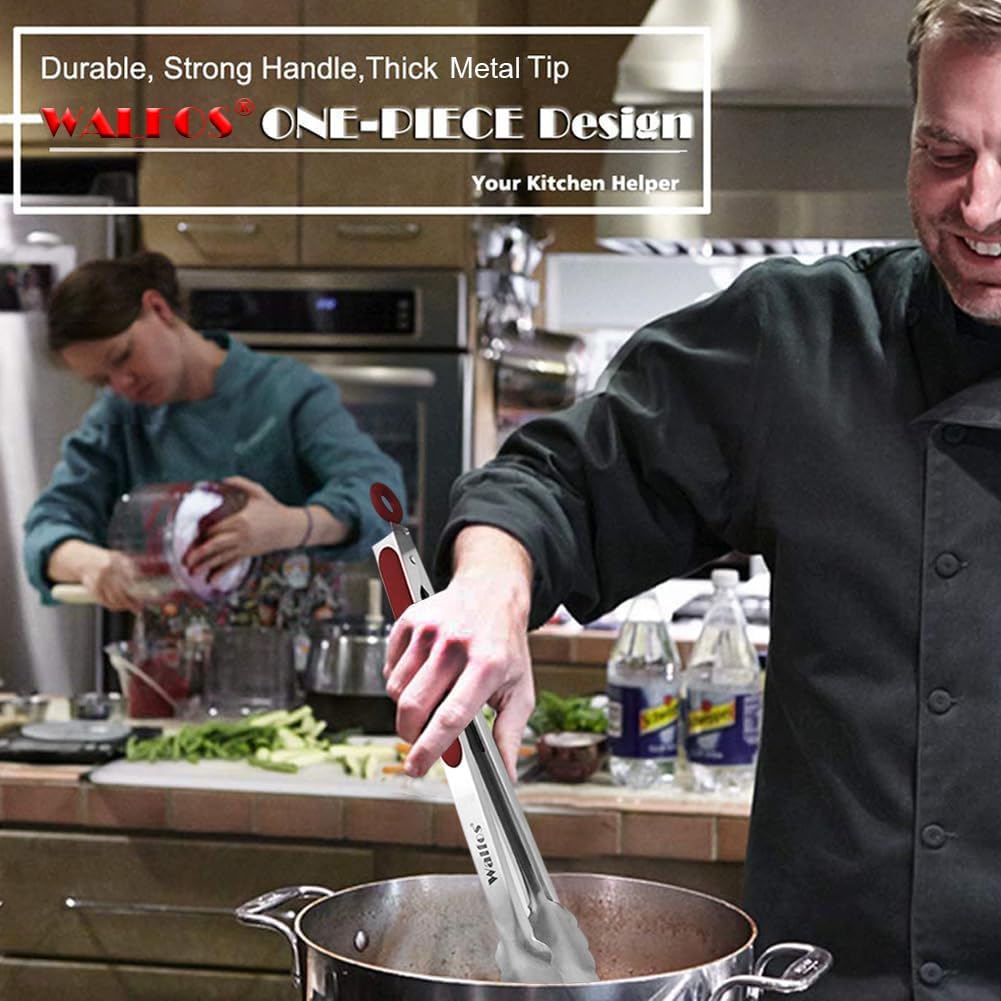 Walfos Stainless Steel Kitchen Tongs - 7, 9 & 12 Inch Heavy Duty Locking Metal Tongs for Cooking, BBQ Grilling, Set of 3 Non-Slip Grip (Wine Red)