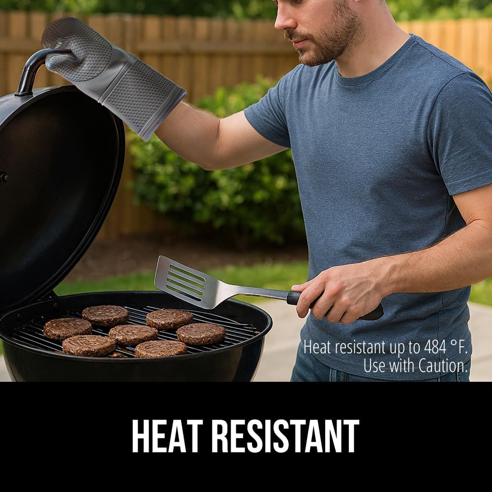 GORILLA GRIP BPA-Free Soft Silicone Oven Mitts, Heat Resistant and Waterproof Cooking Gloves, Thick Cotton Lining, Flexible Gripping for Baking Grilling, Kitchen Potholders Set of 2, 12.5x8.3, Gray