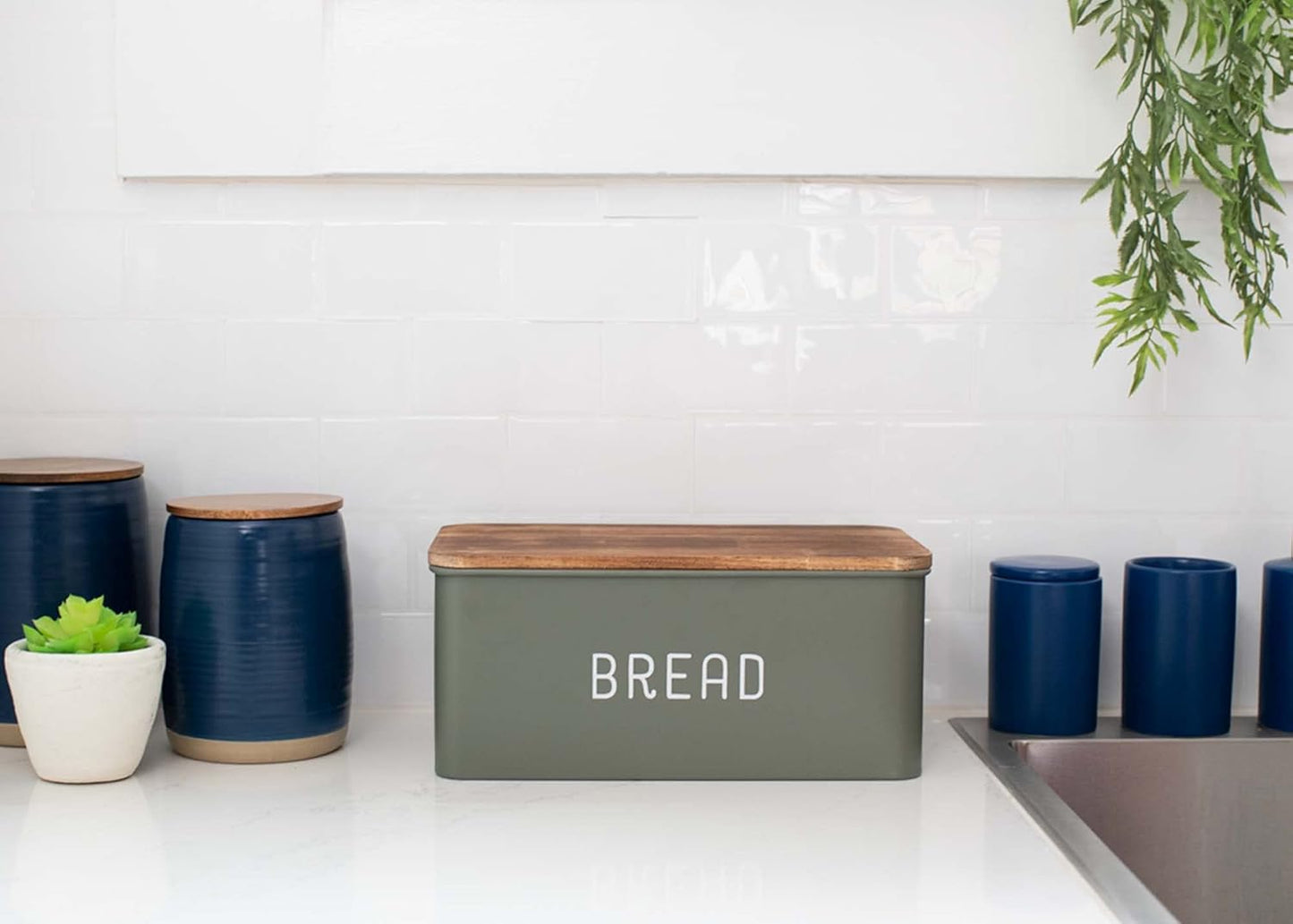 Nat & Jules Matte Green 12 x 7 Metal Enamel Rubber Wood Lidded Bread Box