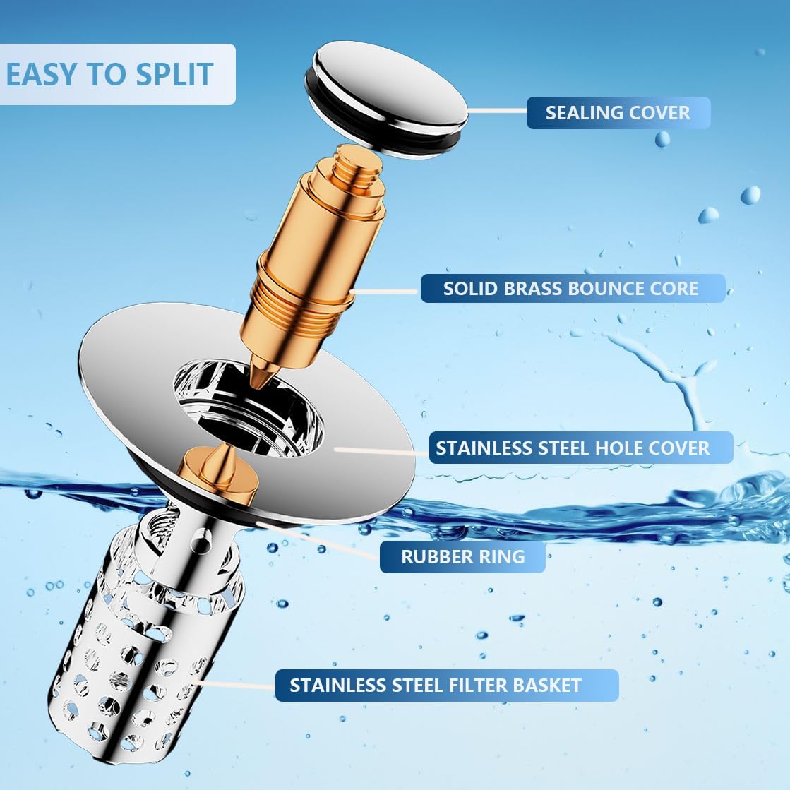 Upgraded 2pcs Bathroom Sink Stopper Drain Strainer for 1.1-1.45 Inch,Universal Pop Up Stopper with Removable Stainless Steel Filter Basket Hair Catcher,Brass Bounce Core for US Universal