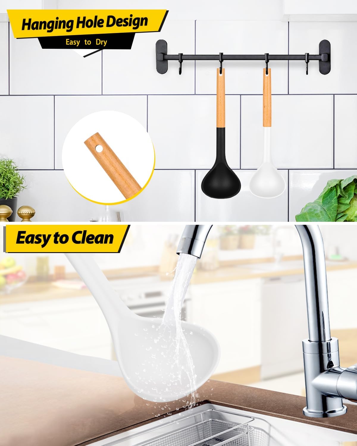 Pack of 2 Soup Ladle, Silicone Ladle Spoon with Wooden Handle, Large Non Stick High Heat Resistant Kitchen Utensils for Cooking, Stirring, Serving Soups(BLACK-WHITE)