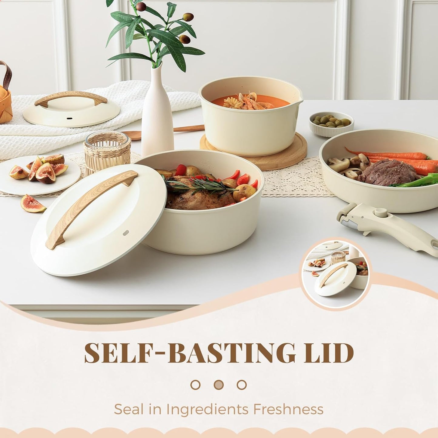 Ceramic Pots and Pans Set with Detachable Handle, Non-toxic Nonstick 8pcs Cookware Set with Die-cast Lids, Dishwasher & Oven Safe, PTFE PFOA PFAS Free, Perfect for College Dorm, Cream White