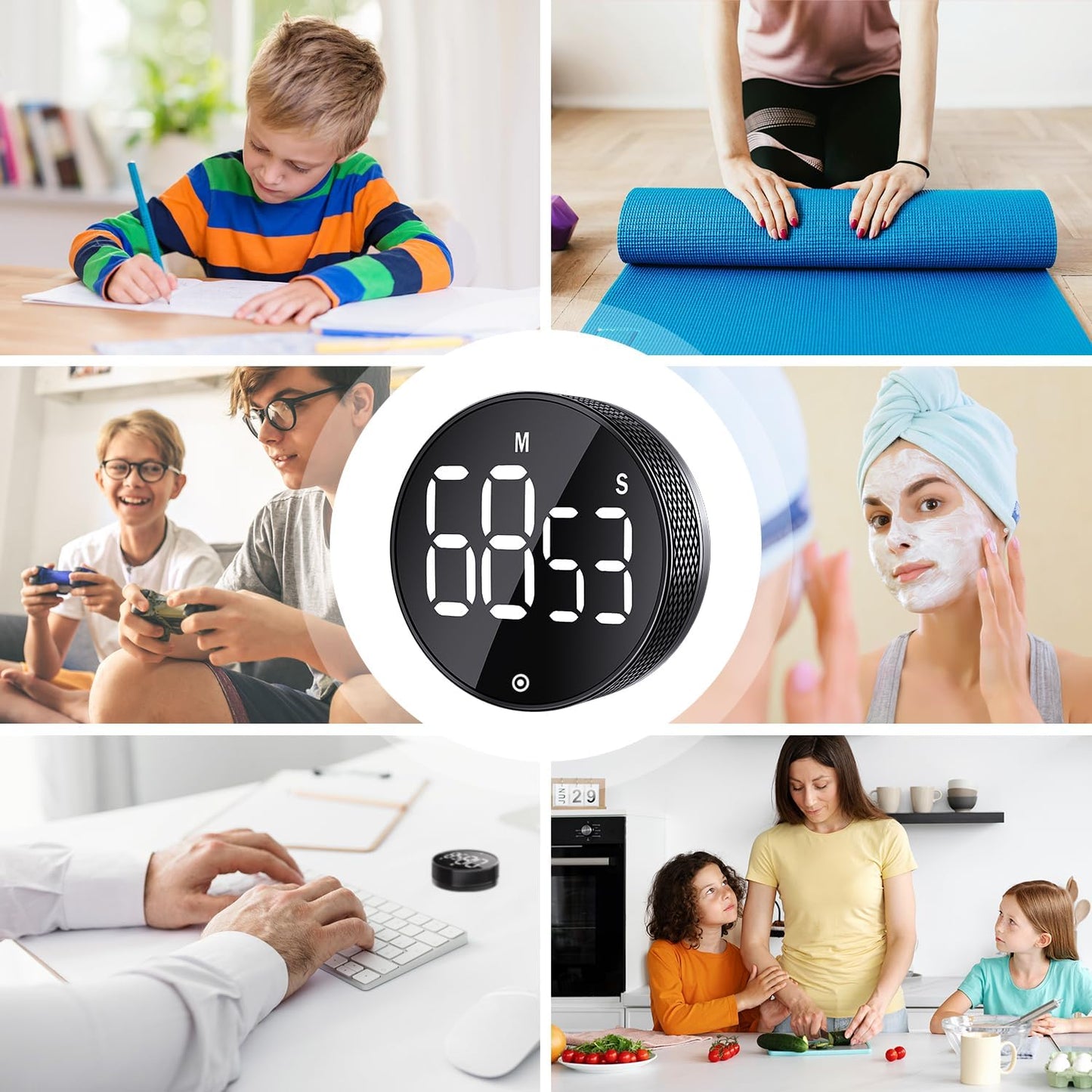 BlueSnail Kitchen Timer with LED Digital Display Smart Efficana for Home Classroom Gym Office, Volume and Brightness Adjustable Productivity Timer (All Black)