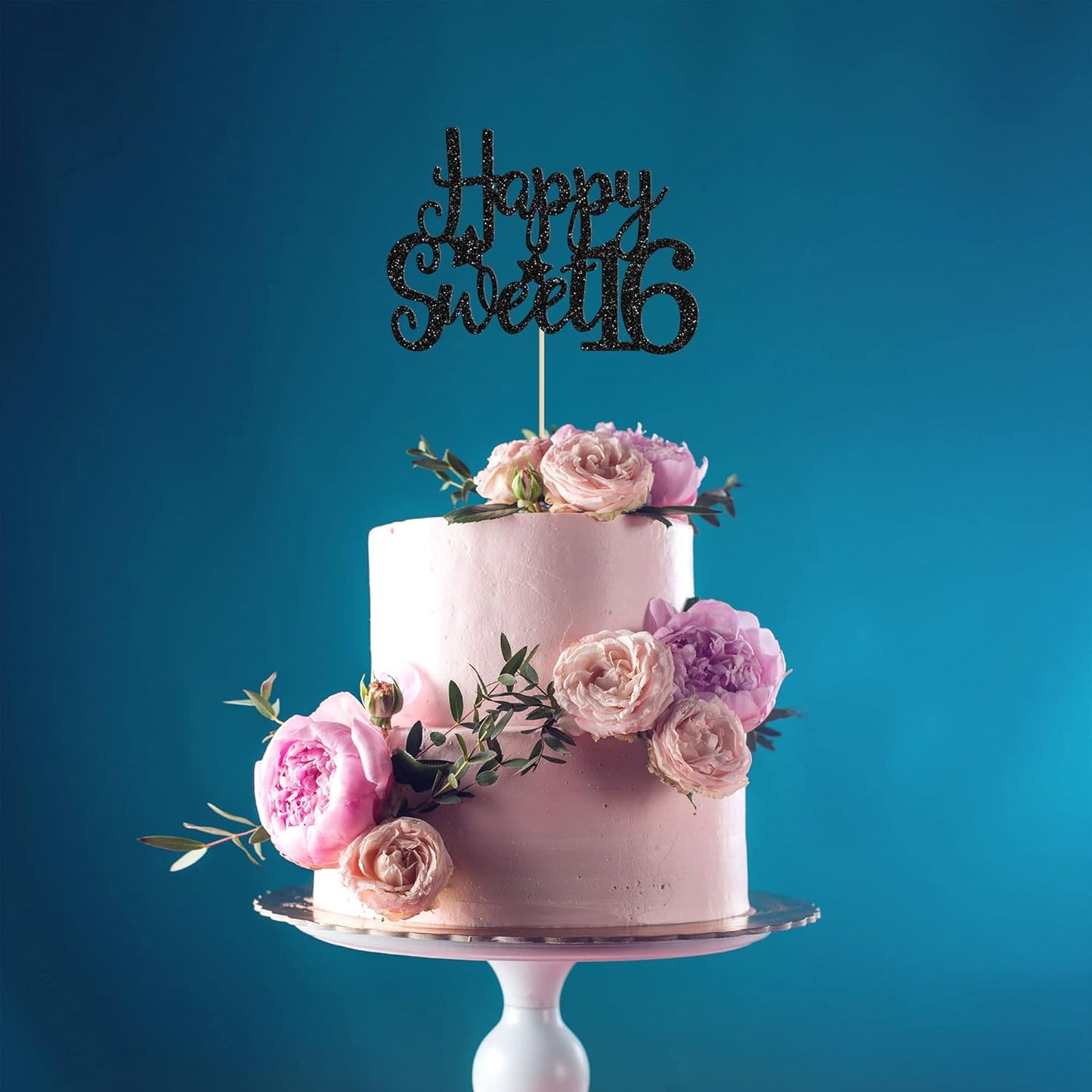 Gyufise 1Pc Happy Sweet 16 Cake Topper Glitter 16th Birthday Cake Pick for Cheers to 16 Years Old 16th Birthday Party Cake Decorations Supplies Black