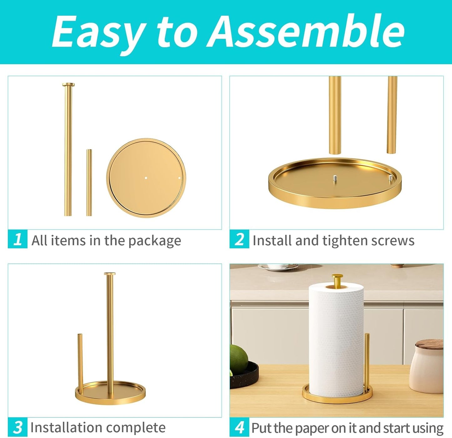 Paper Towel Holder Countertop, Standing Paper Roll Holder with Anti Slip Weighted Base, Stainless Steel Freestanding Paper Towel Holder for Kitchen, Gold