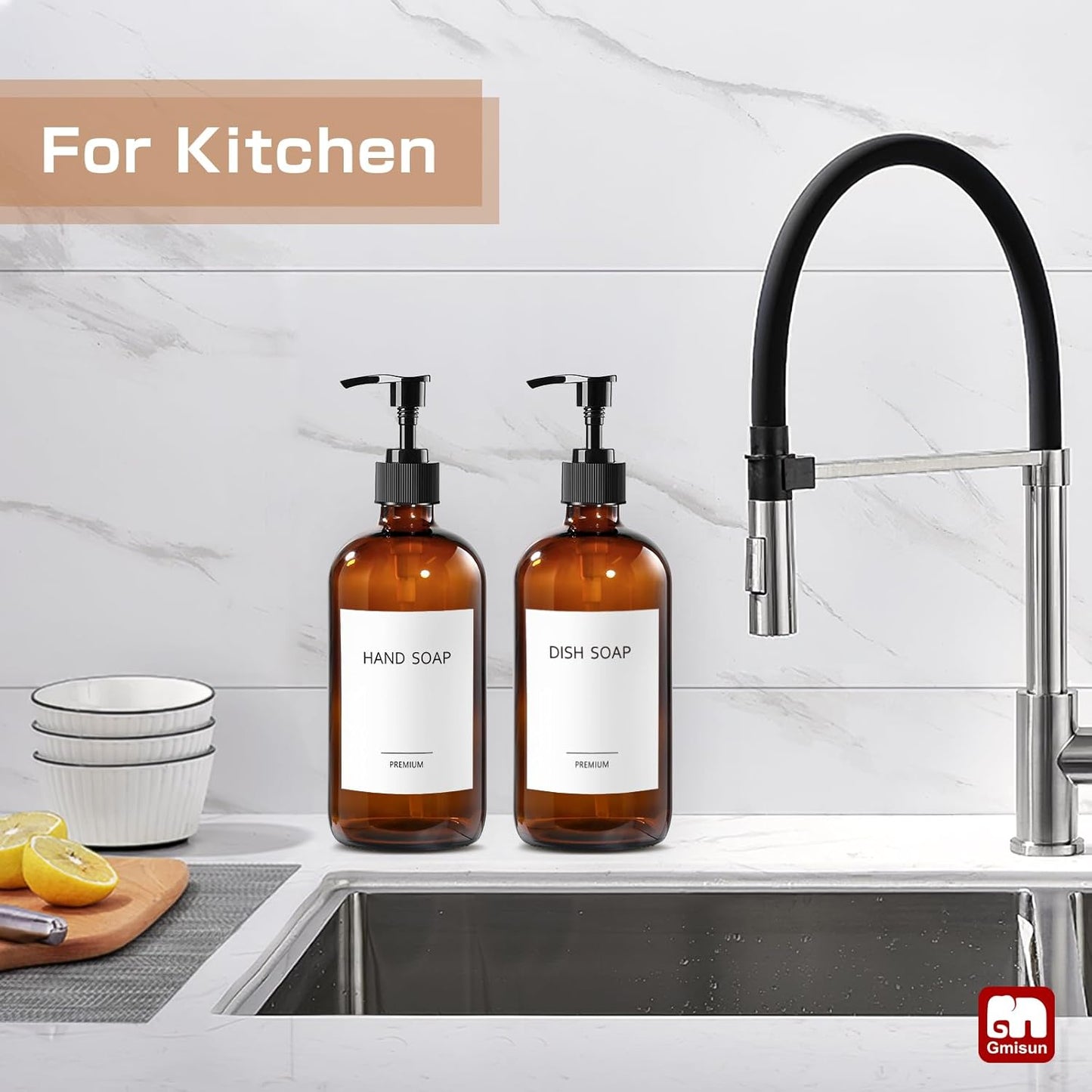 GMISUN Amber Glass Soap Dispenser, 2 Pack Bathroom Hand Soap Dispensers with Stainless Steel Pump, 17 Fl Oz Kitchen Hand and Dish Soap Dispenser Set, Modern Vintage Liquid Brown Soap Dispensers Bottle