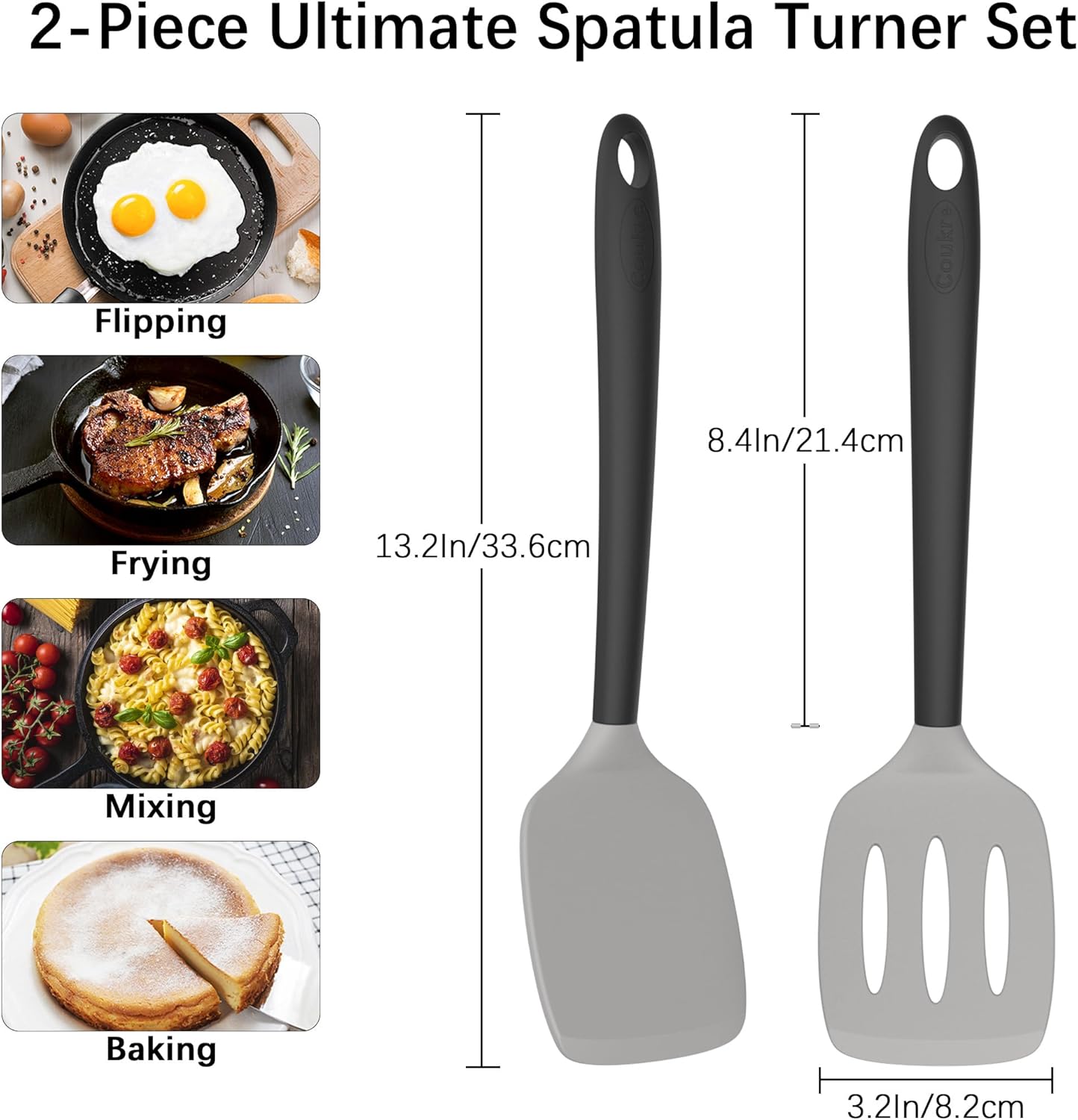 Coukre 2 Pack Silicone Spatula Set, High Heat Resistant, BPA Free Kitchen Spatula, Solid & Slotted Turner for Non-Stick Pans, Sautéing, and Flipping (2, Gray)