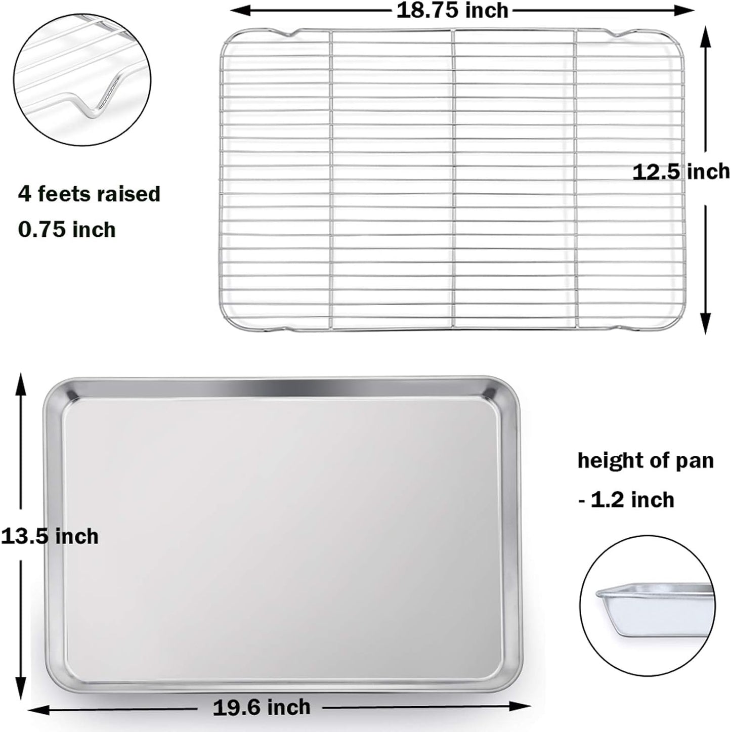 P&P CHEF 19.6 Inch Baking Sheet Pan with Rack Set, Stainless Steel Cookie Sheet Pan Tray with Cooling Rack for Oven Use, Cooking Roasting, Non Toxic & Dishwasher Safe, Heavy Duty
