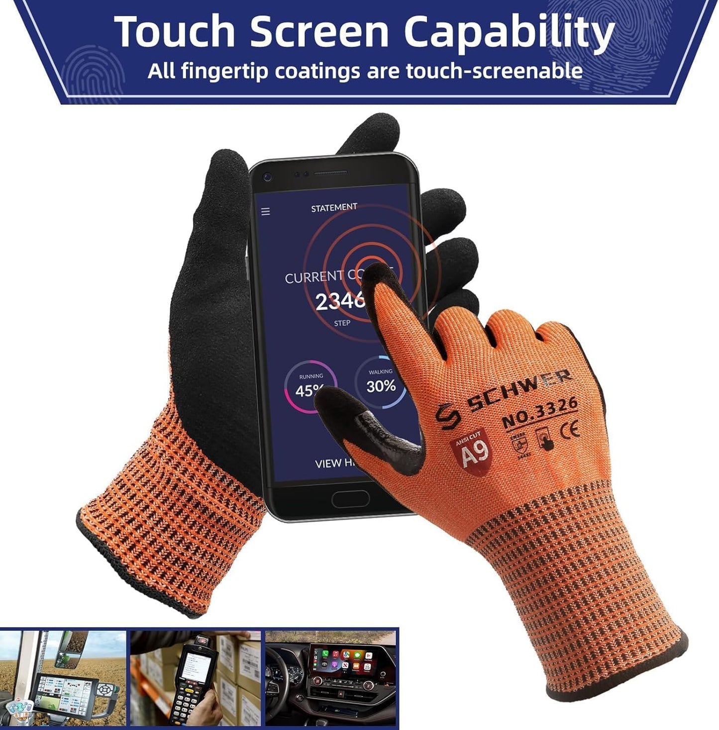 Schwer ProGuard Highest Level Cut Resistant Work Gloves PR3326 for Extreme Protection,ANSI A9 Cut Gloves with Reinforced Thumb, Non Slip, Non PFAS, Durable, Touch-screen, Orange 120 Pairs, M