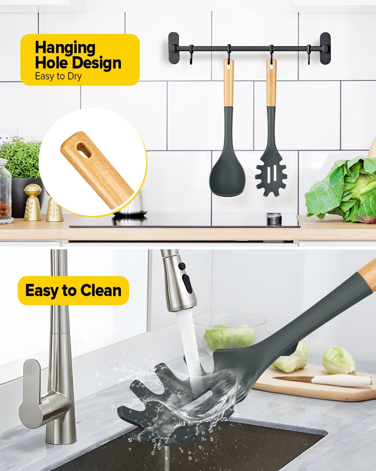 Silicone Soup Ladle and Spaghetti Spoon Set with Wooden Handle, Non Stick Heat Resistant Kitchen Utensils for Cooking, Stirring, Serving Pasta, Soup & Sauce(GRAY)